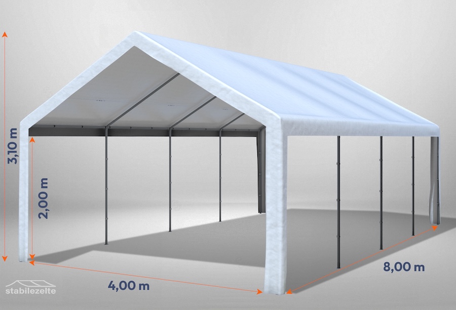 Weißes Partyzelt der Serie Classic 4m x 8m ohne Seitenteile mit Bemaßung