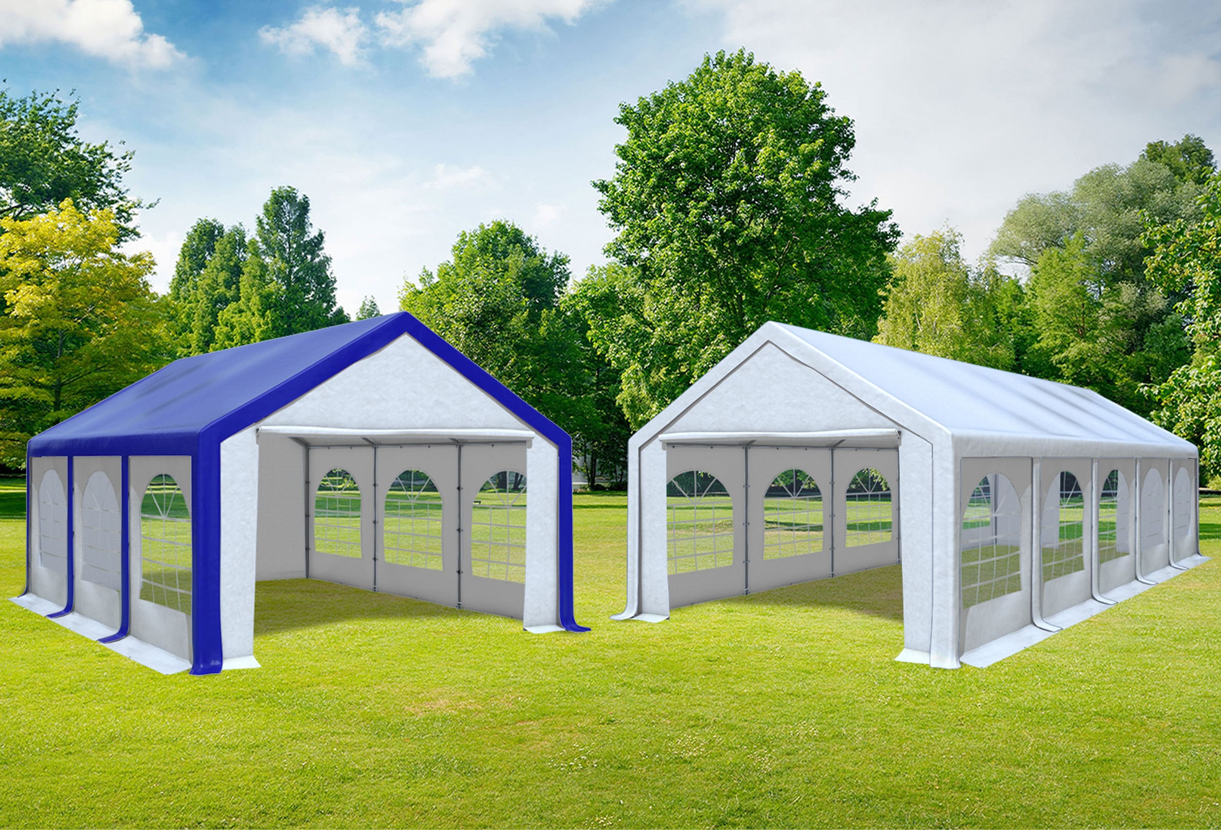 4x10 m 2in1 Combi Tent with extra 4x6 m Roof, PVC White Blue
