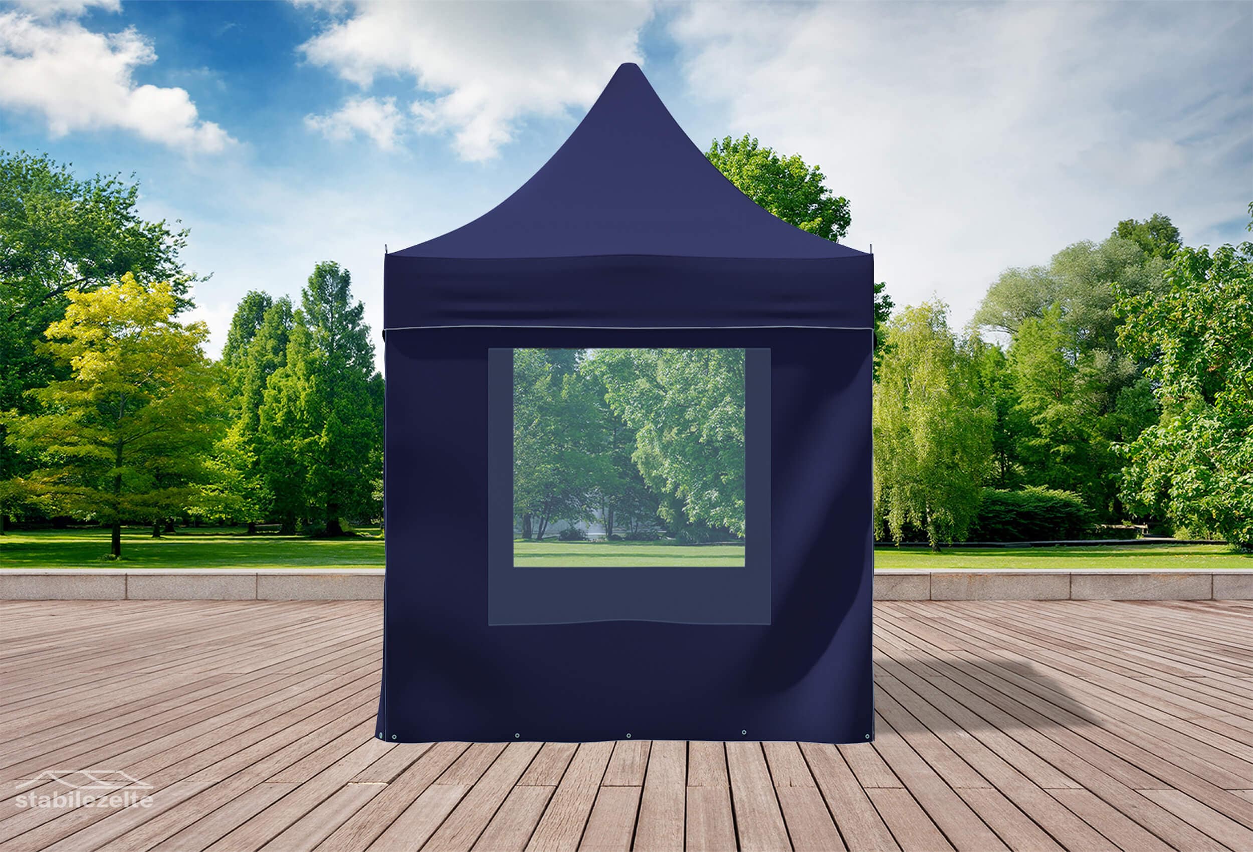 Blauer Faltpavillon mit Fenster 3 x 2m in einem Park