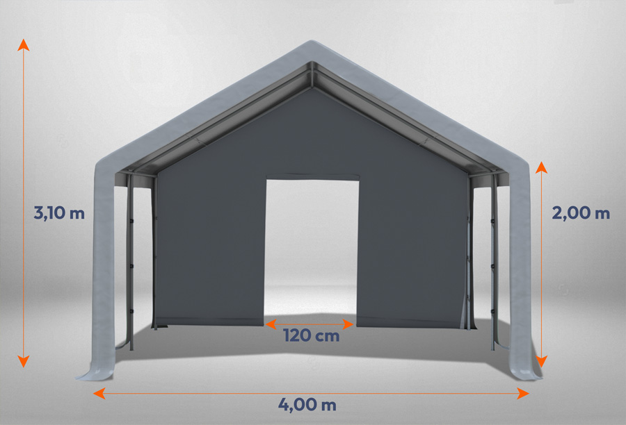 Graues Giebelteil mit kleiner Tür 4m für Partyzelte der Modular Serie mitsamt Bemaßung