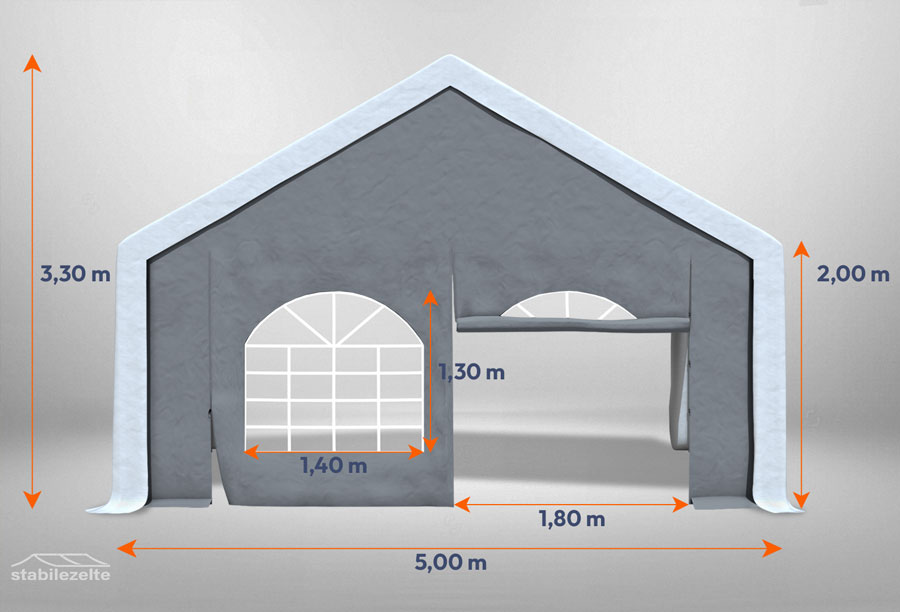 Graues Giebelteil mit Fenster und Tür 5m für Partyzelte der Modular Serie mitsamt Bemaßung