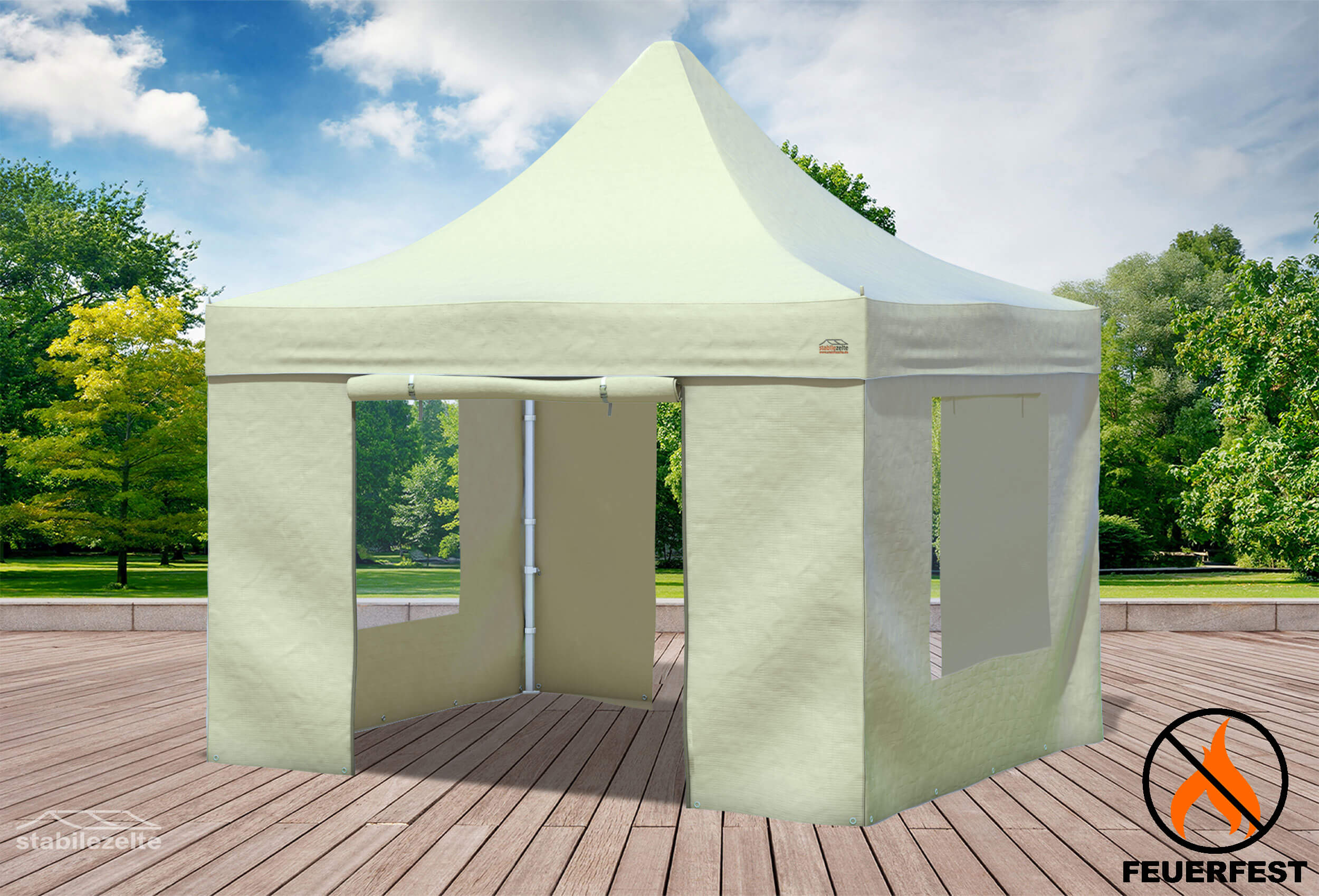 Beiger Faltpavillon mit Fenster und Türen 3 x 3m in einem Park