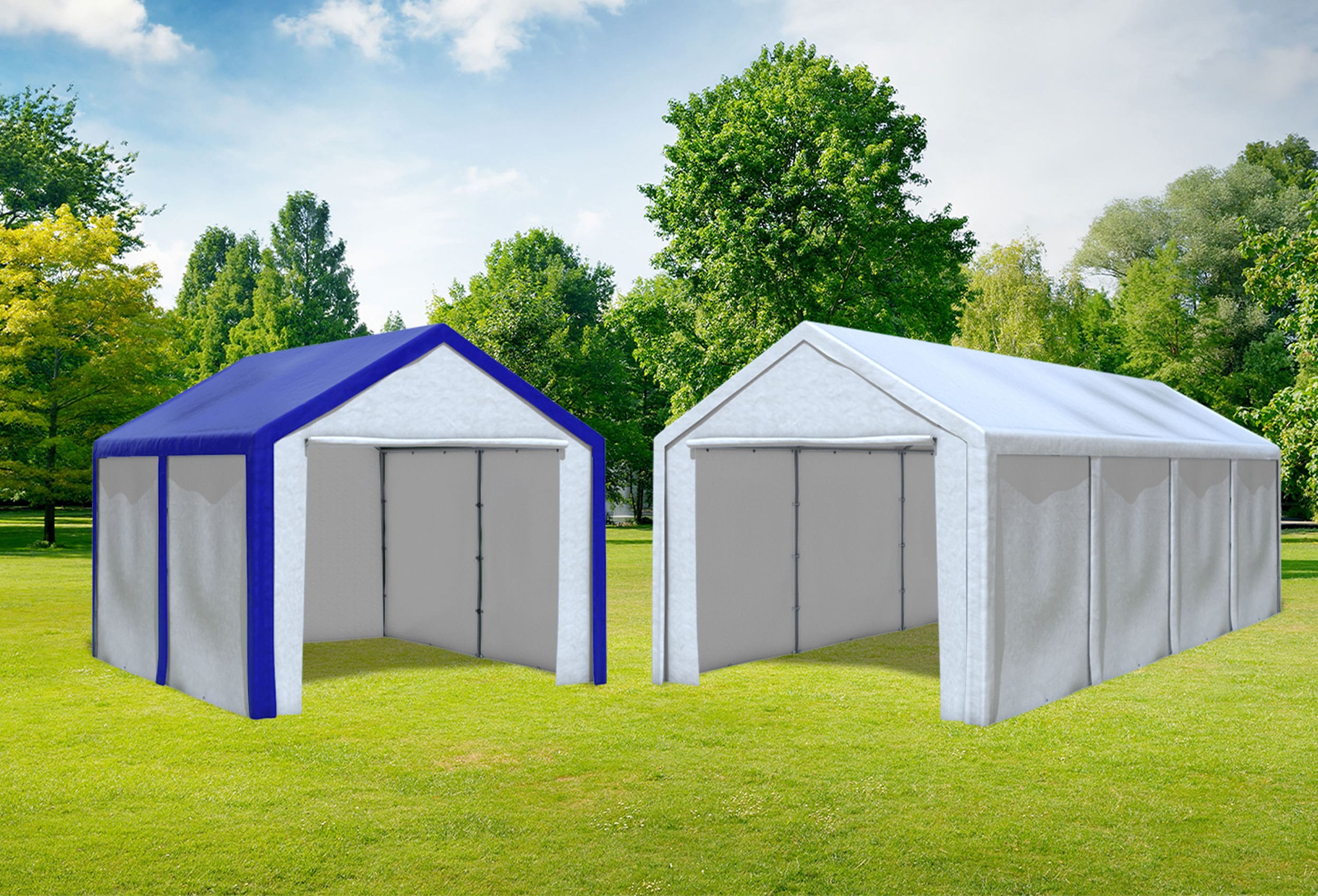 3x8 m 2in1 Combi Tent with extra 3x4 m Roof, PE White Blue