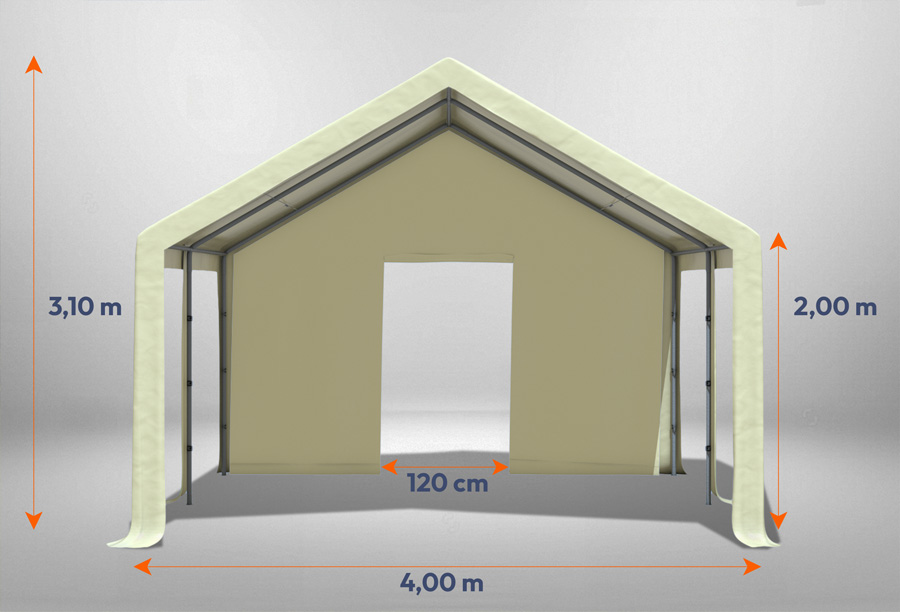 Beiges Giebelteil mit kleiner Tür 4m für Partyzelte der Modular Serie mitsamt Bemaßung