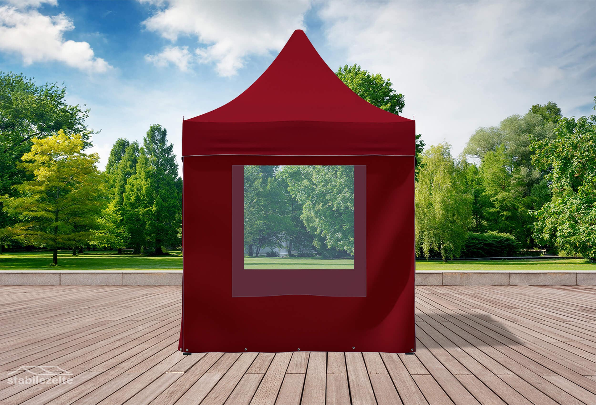 Bordeauxfarbener Faltpavillon mit Fenster 3 x 2m in einem Park