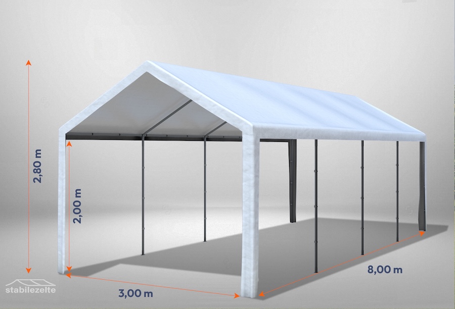 Weißes Partyzelt der Serie Classic 3m x 8m ohne Seitenteile mit Bemaßung