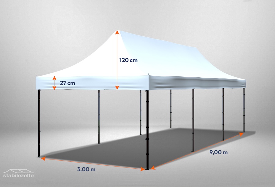 Faltpavillon 3m x 9m ohne Seitenteile mit Bemaßung