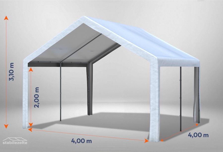 Weißes Partyzelt der Serie Classic 4m x 4m ohne Seitenteile mit Bemaßung