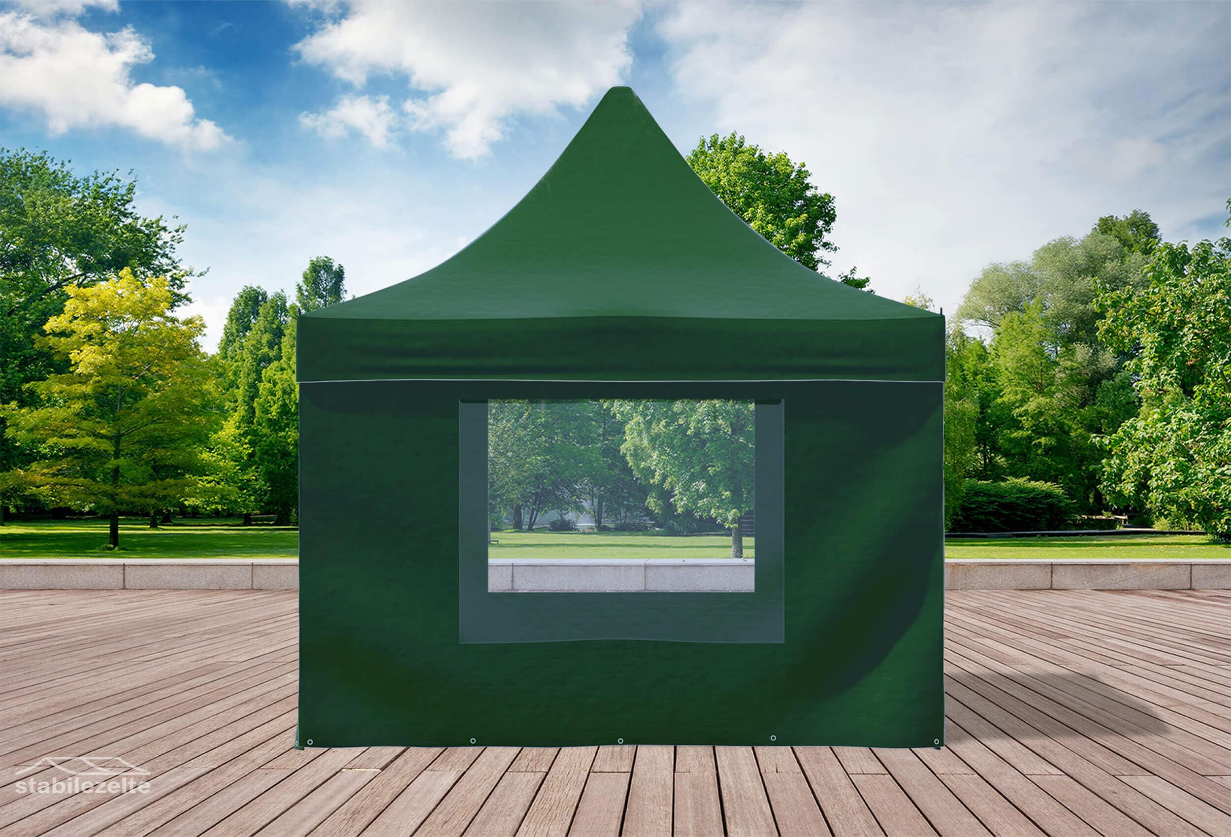 Grüner Faltpavillon mit Fenster 3 x 3m in einem Park