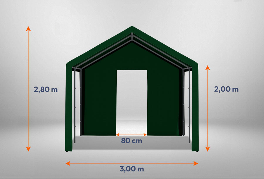Grünes Giebelteil mit kleiner Tür der Serie Classic mit 3 m Breite