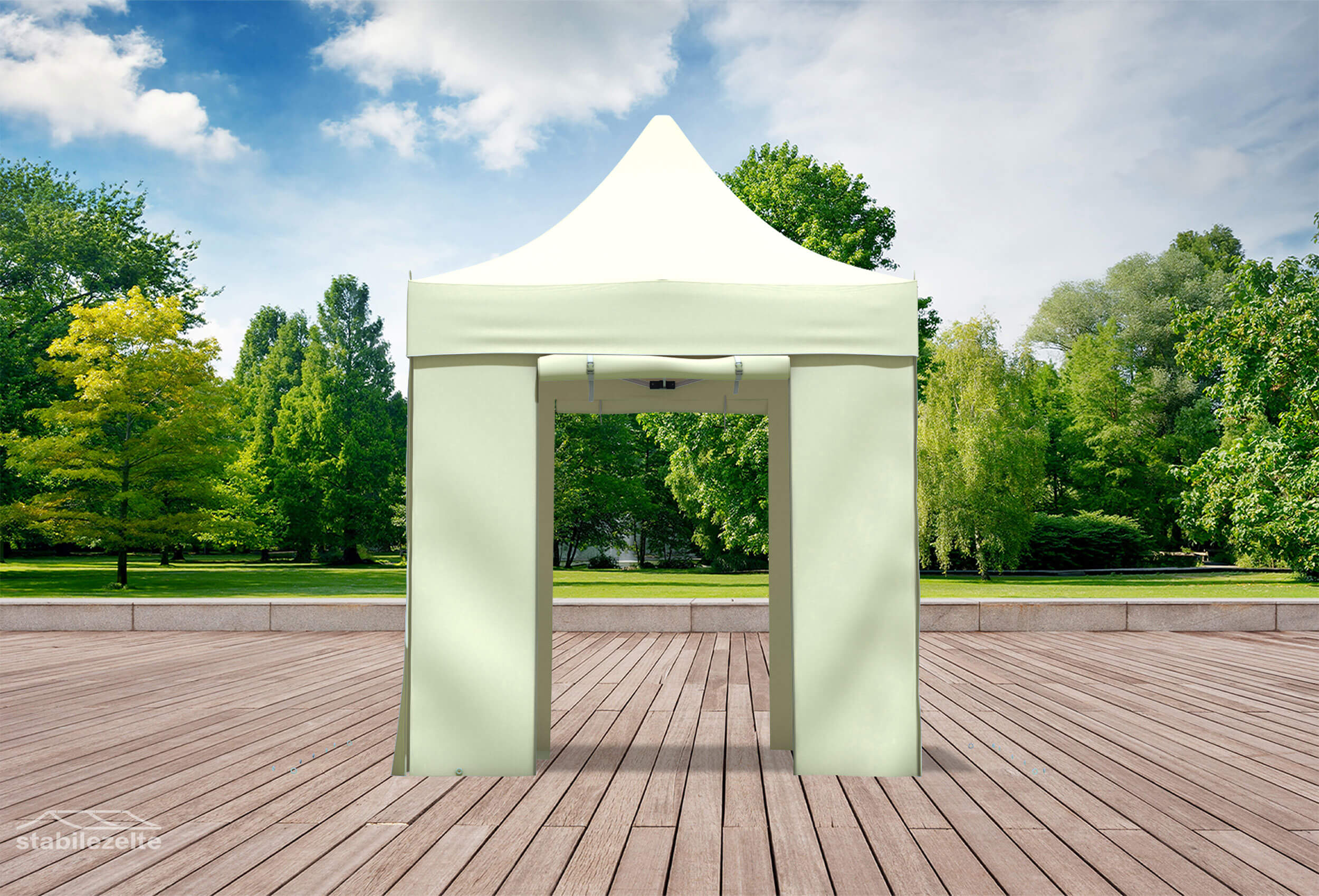 Beiger Faltpavillon mit geöffneten Türen 2 x 2m in einem Park