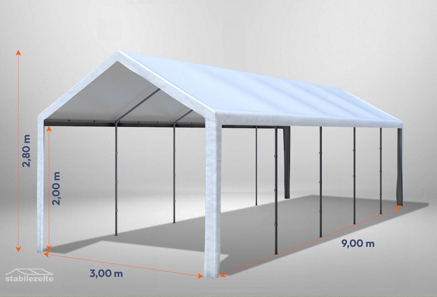 Weißes Partyzelt der Serie Classic 3m x 9m ohne Seitenteile mit Bemaßung