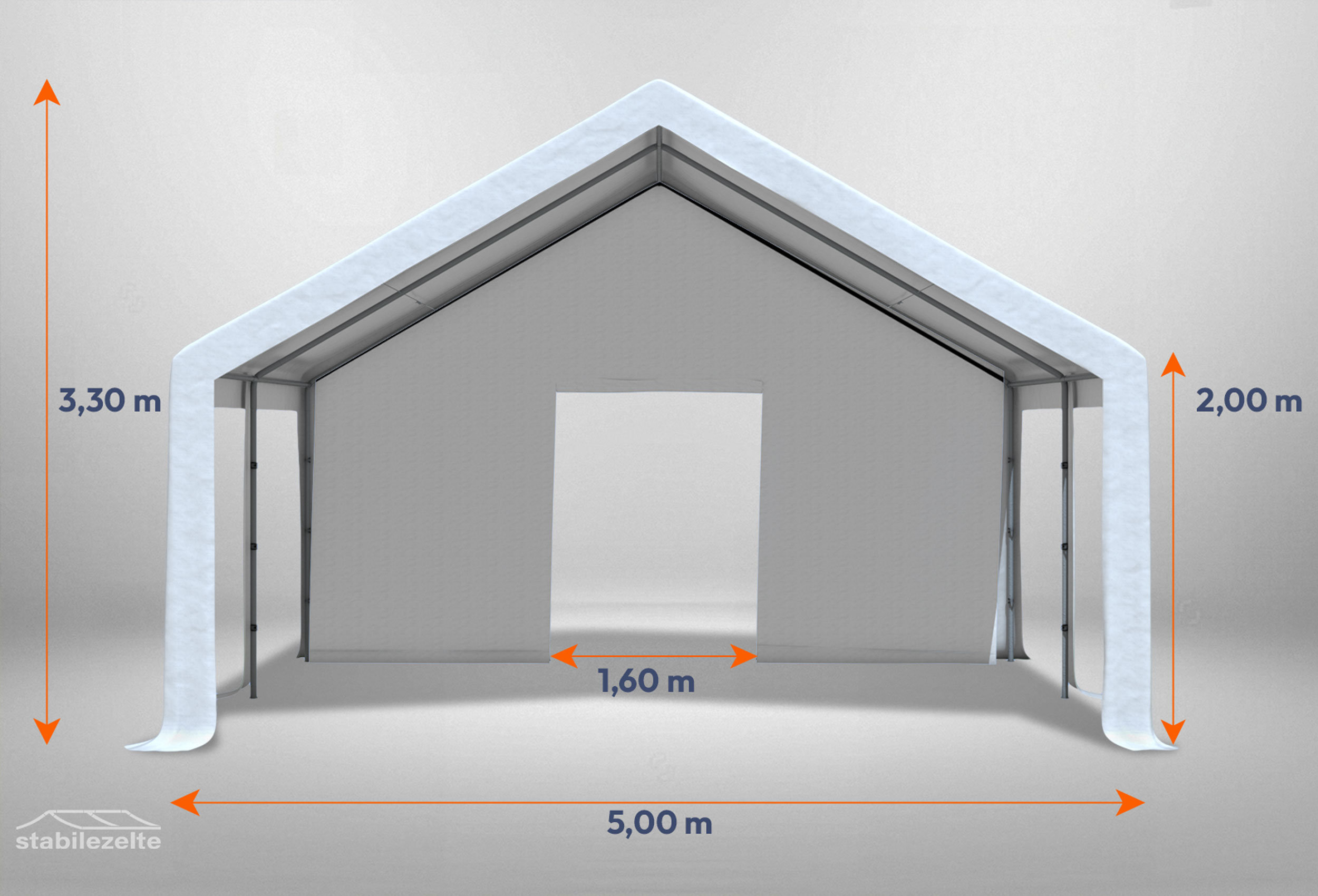 Weißes Giebelteil mit kleiner Tür 5m für Partyzelte der Modular Serie mitsamt Bemaßung
