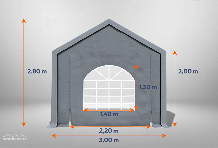 Graues Giebelteil mit Fenster und Tür 3m für Partyzelte der Modular Serie mitsamt Bemaßung