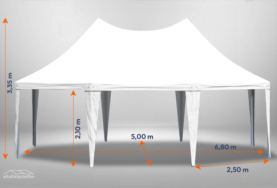 Weißer Gartenpavillon der Serie Arabica 5m x 6,8m ohne Seitenwände mit Bemaßung
