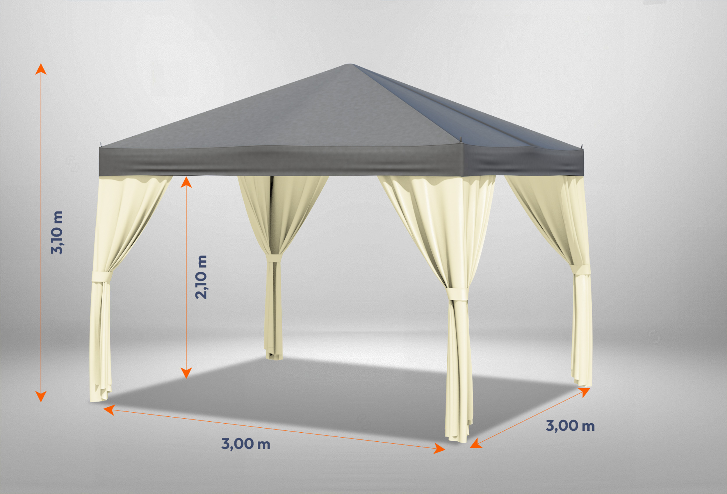 Grauer Gartenpavillon 3m x 3m aus der Serie Sahara mit Bemaßung
