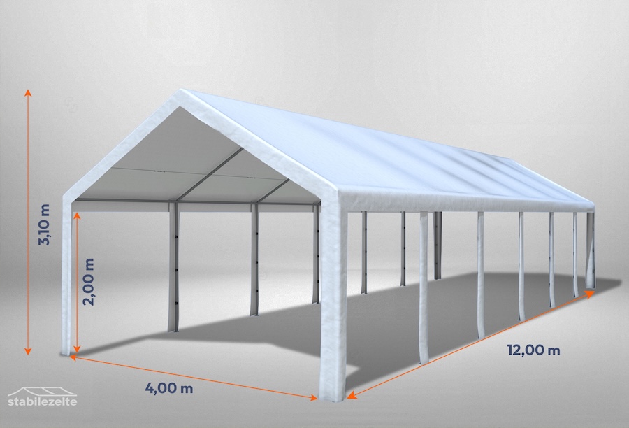 Weißes Partyzelt der Modular Serie ohne Seitenteile 4 x 12m