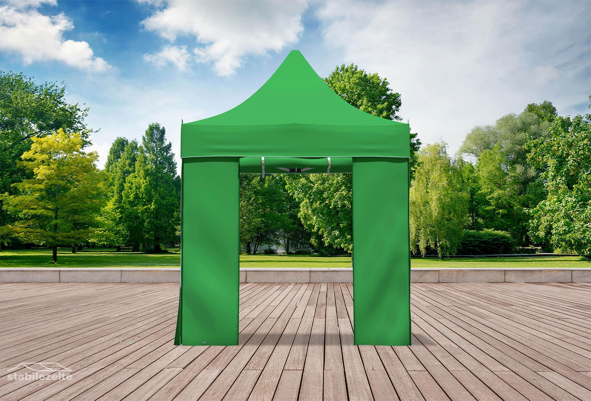Grüner Faltpavillon mit geöffneten Türen 2 x 2m in einem Park