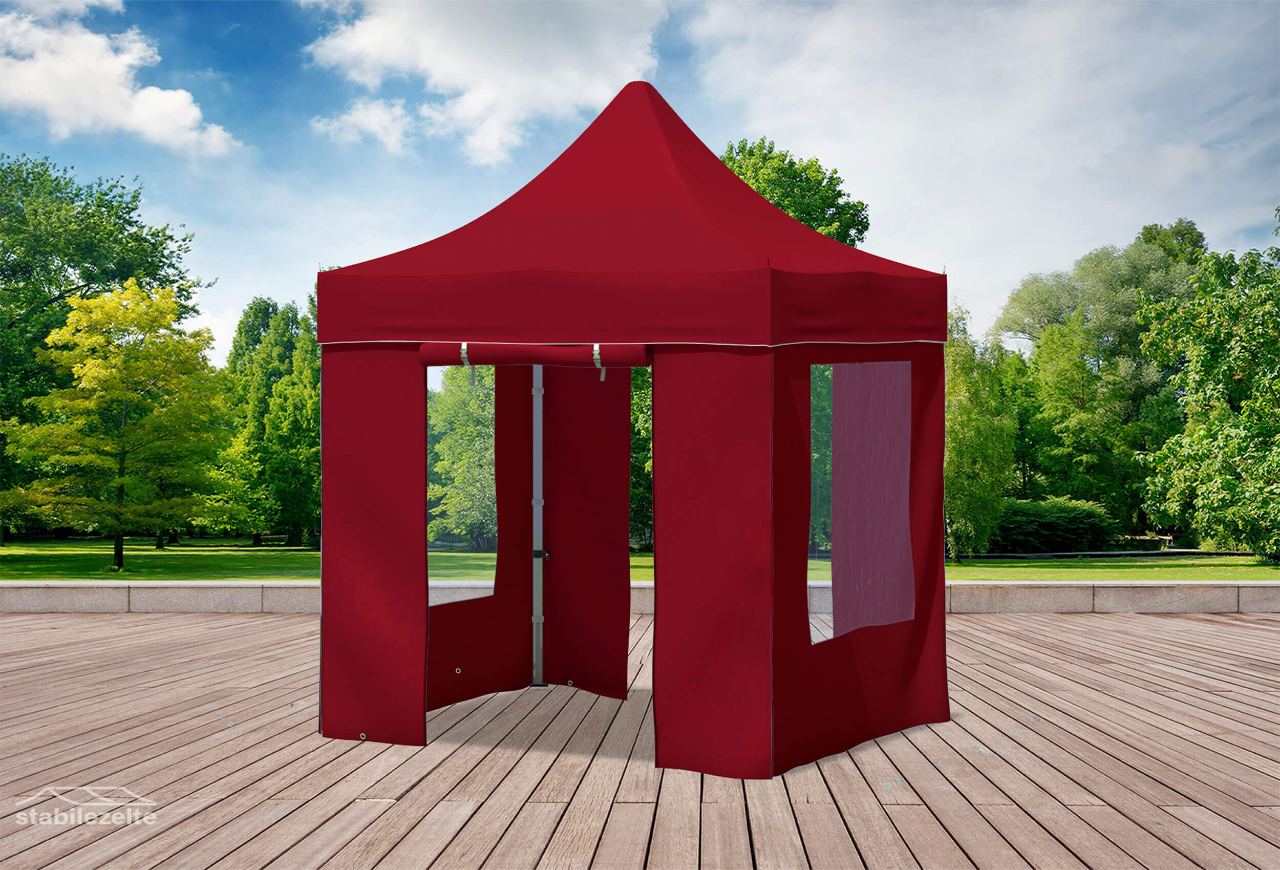 Bordeauxfarbener Faltpavillon mit Fenstern und Türen 2 x 2m in einem Park
