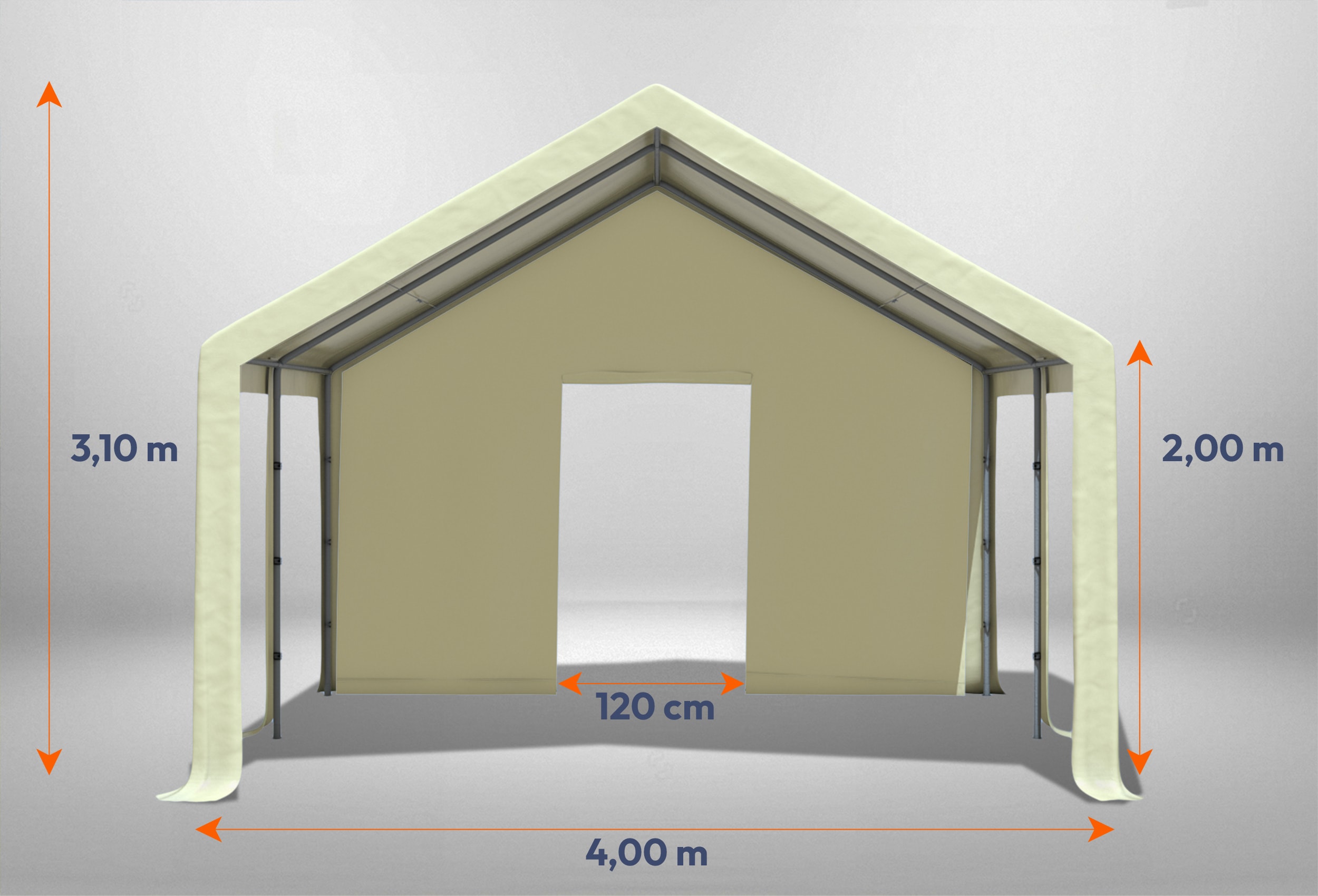 Beiges Giebelteil mit kleiner Tür 4m für Partyzelte der Modular Serie mitsamt Bemaßung
