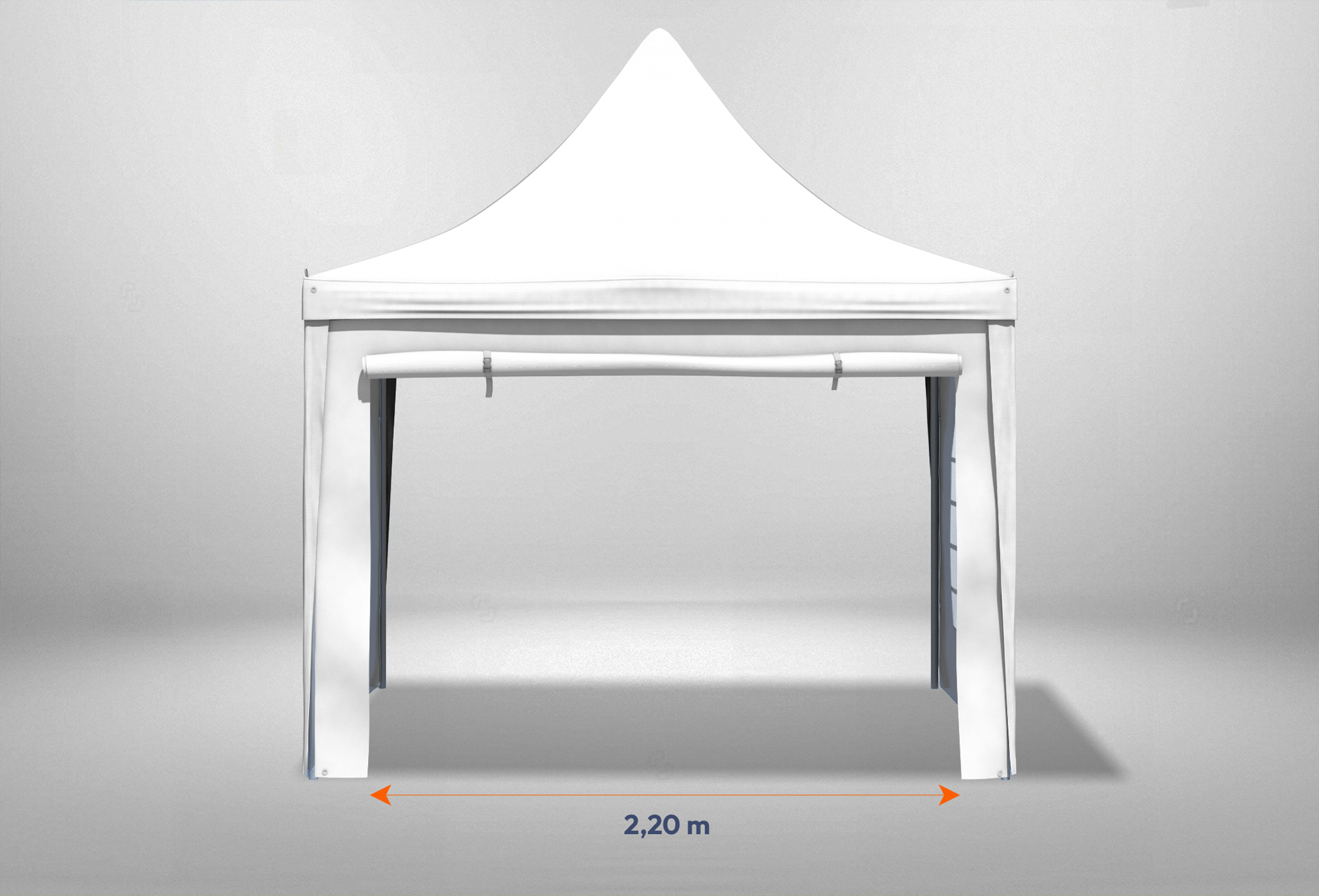 Weißer Gartenpavillon mit Bemaßung der Tür