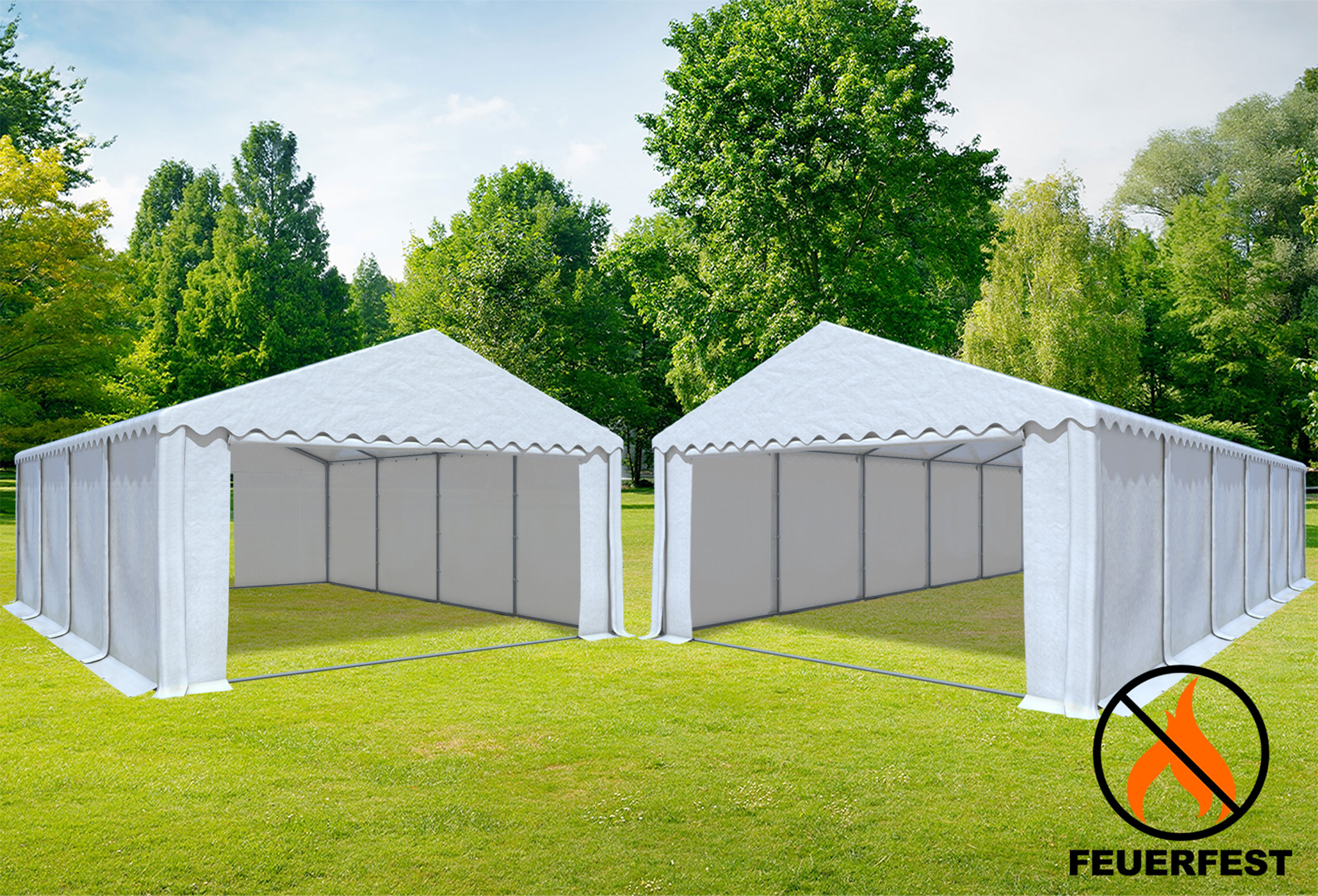 6x12 m 2in1 Combi Tent with extra 6x8 m Roof, 2.6 m side height PVC fireproof White