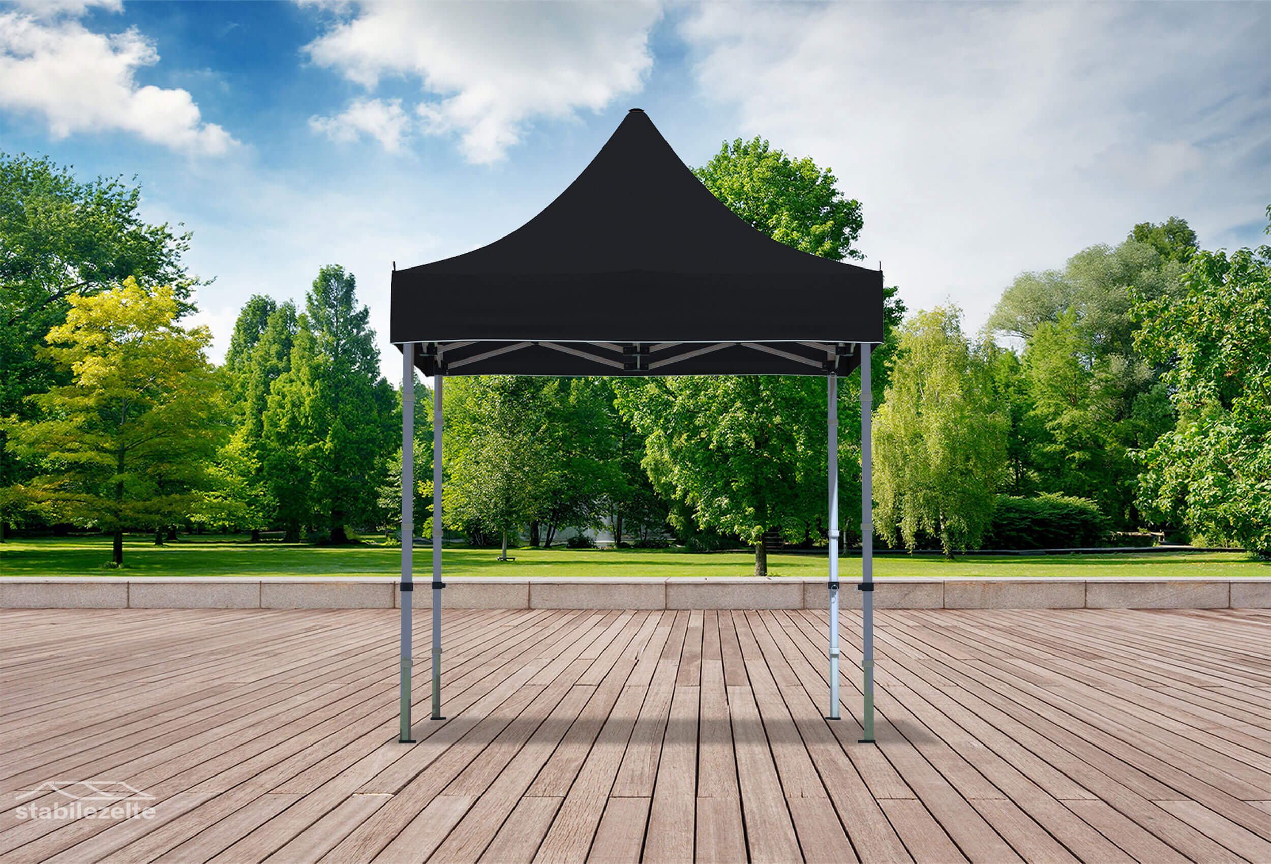 Schwarzer Faltpavillon ohne Seitenteile 2 x 2m in einem Park