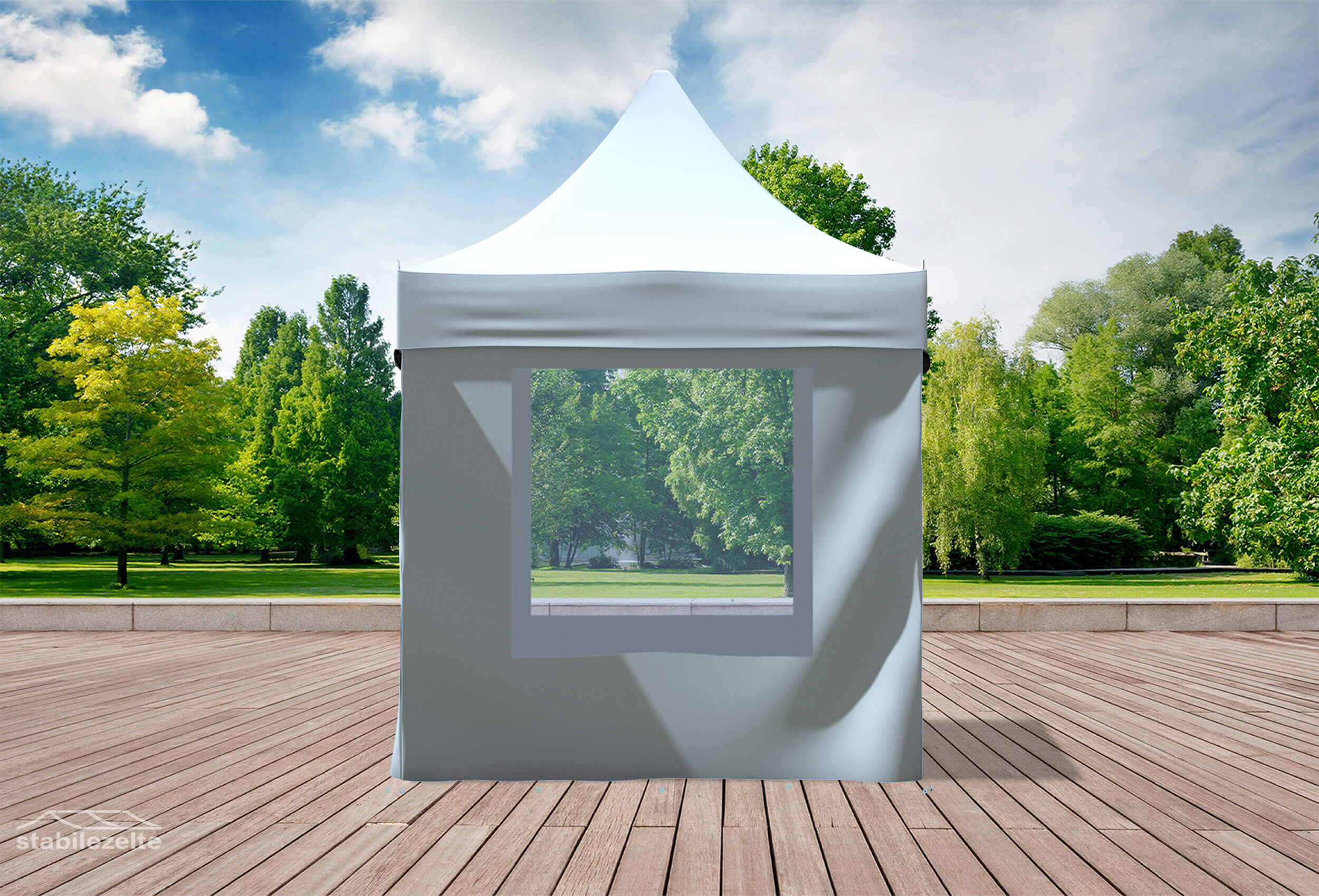 Weißer Faltpavillon mit Fenstern 2 x 2m in einem Park
