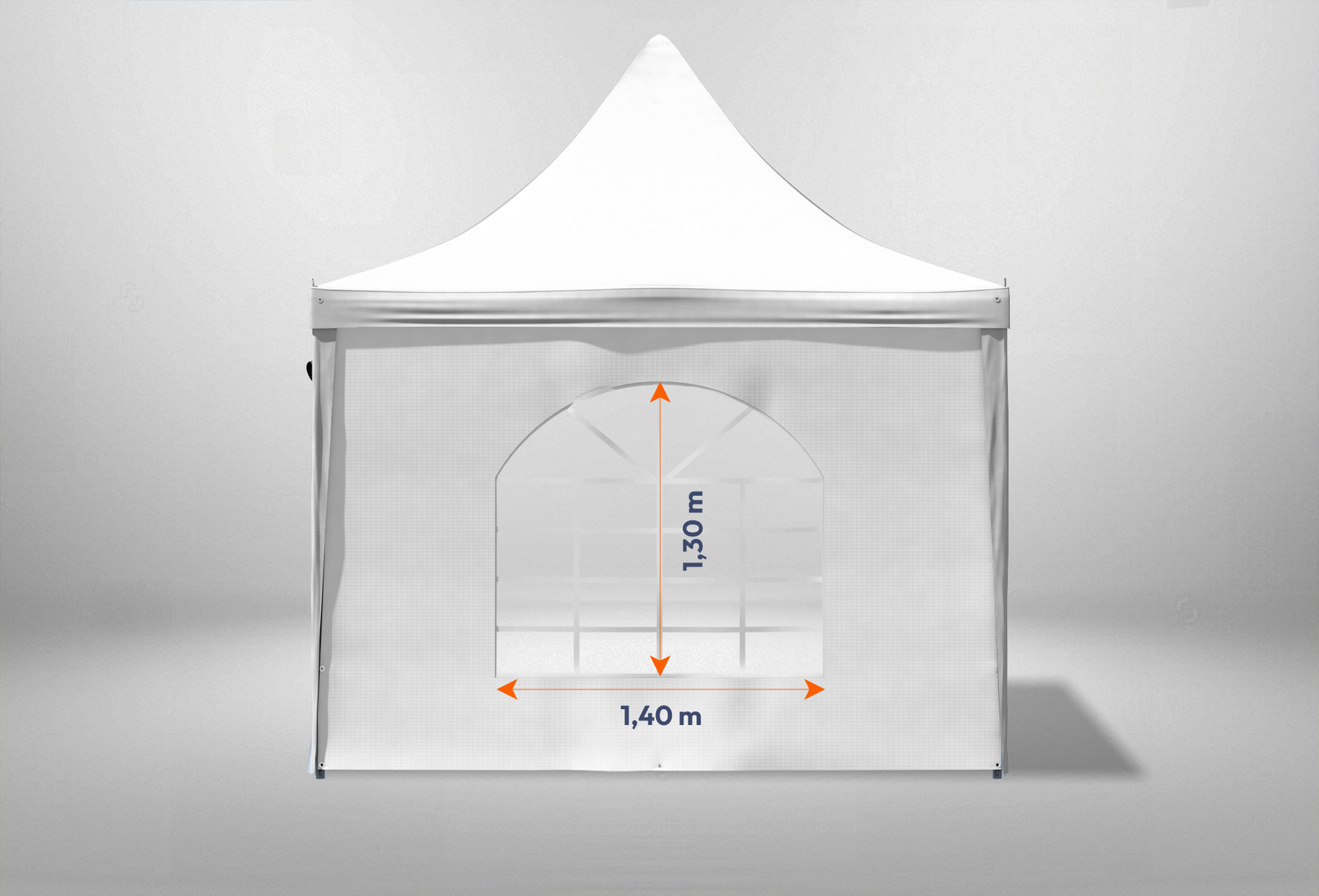 Weißer Gartenpavillon mit Bemaßung des halbrunden Fensters