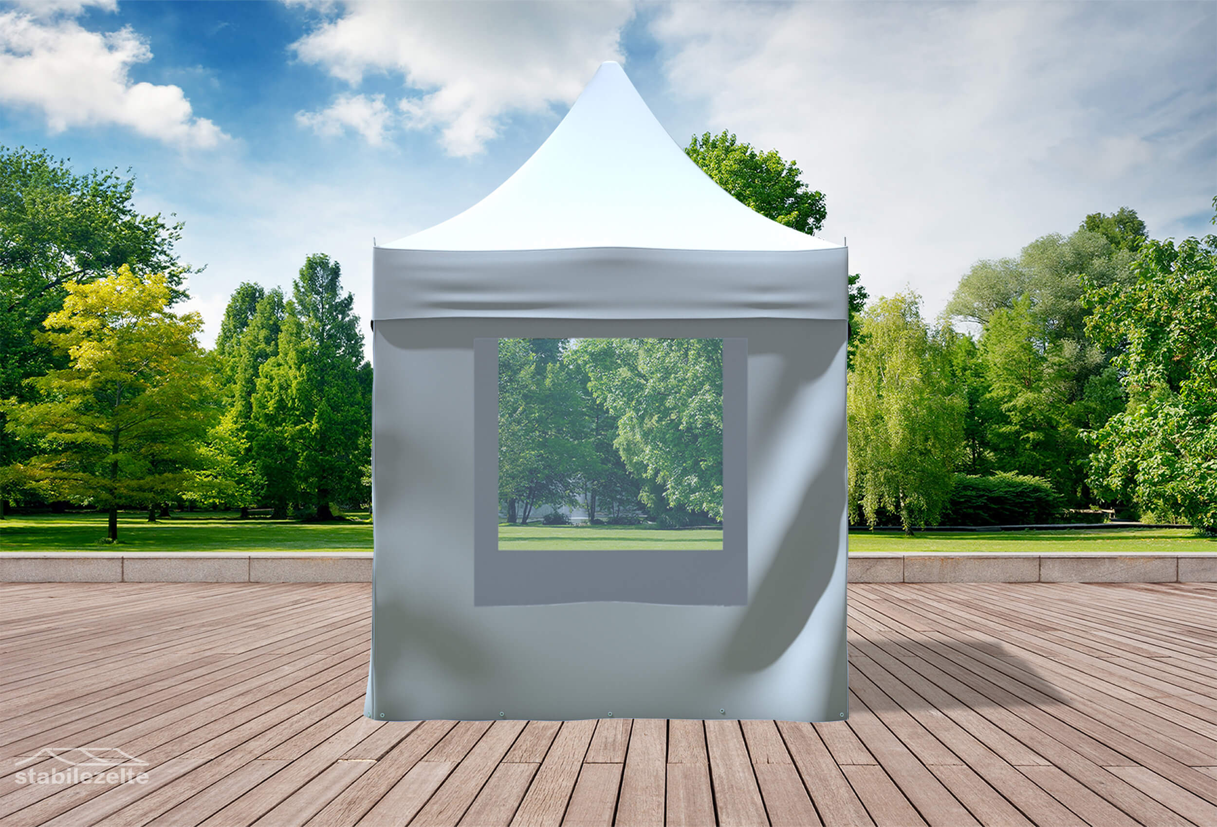 Weißer Faltpavillon mit Fenster 3 x 2m in einem Park