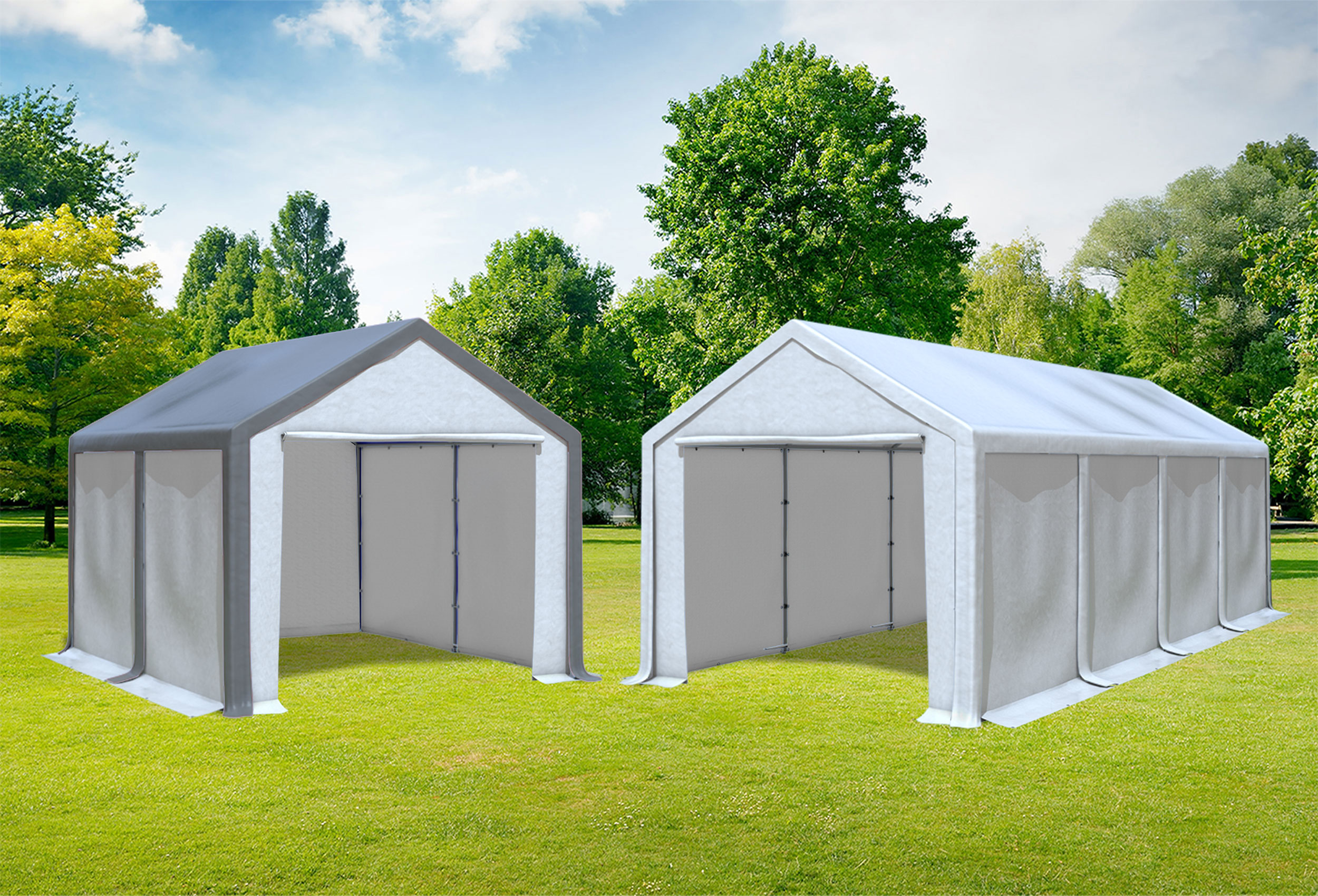 3x8 m 2in1 Combi Tent with extra 3x4 m Roof, PVC White Grey