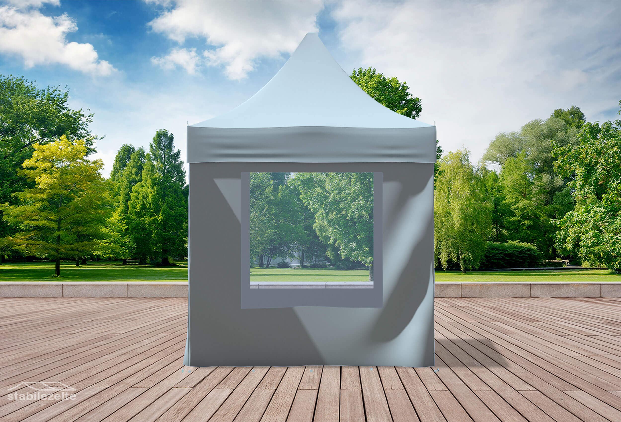Grauer Faltpavillon mit Fenstern 2 x 2m in einem Park