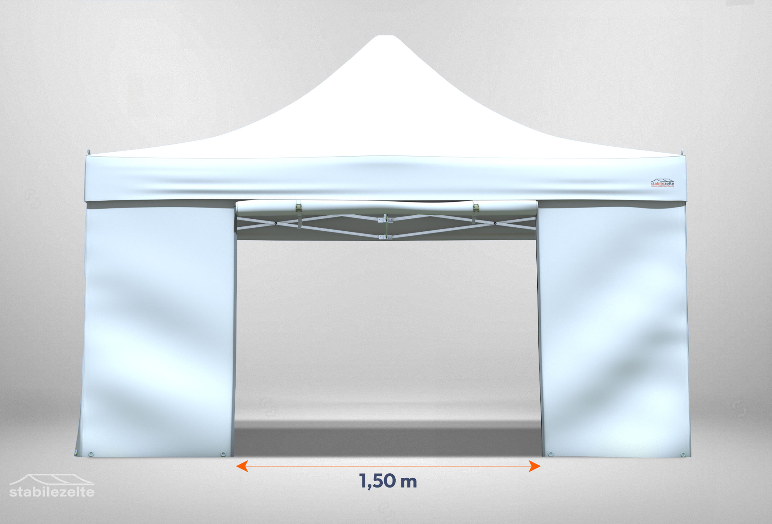 Weißes Faltzelt 4x4 m mit der Bemaßung der Tür