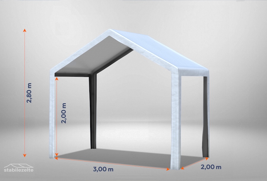 Weißes Partyzelt der Serie Classic 3m x 2m ohne Seitenteile mit Bemaßung