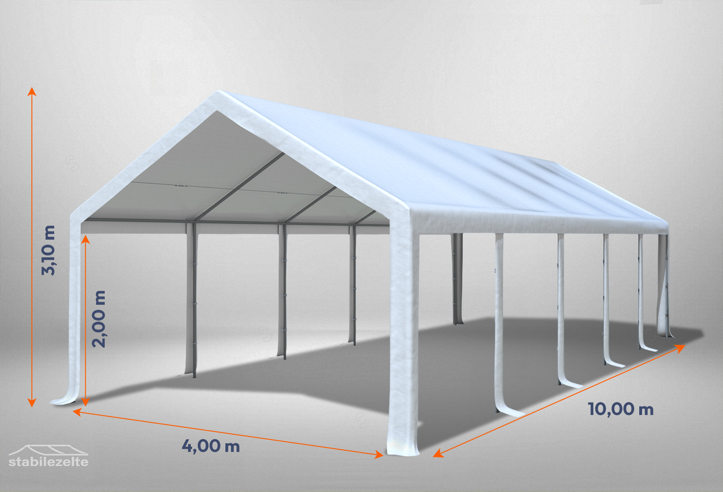 Weißes Partyzelt ohne Seitenteile der Modular Serie mitsamt Bemaßung 4 x 10m
