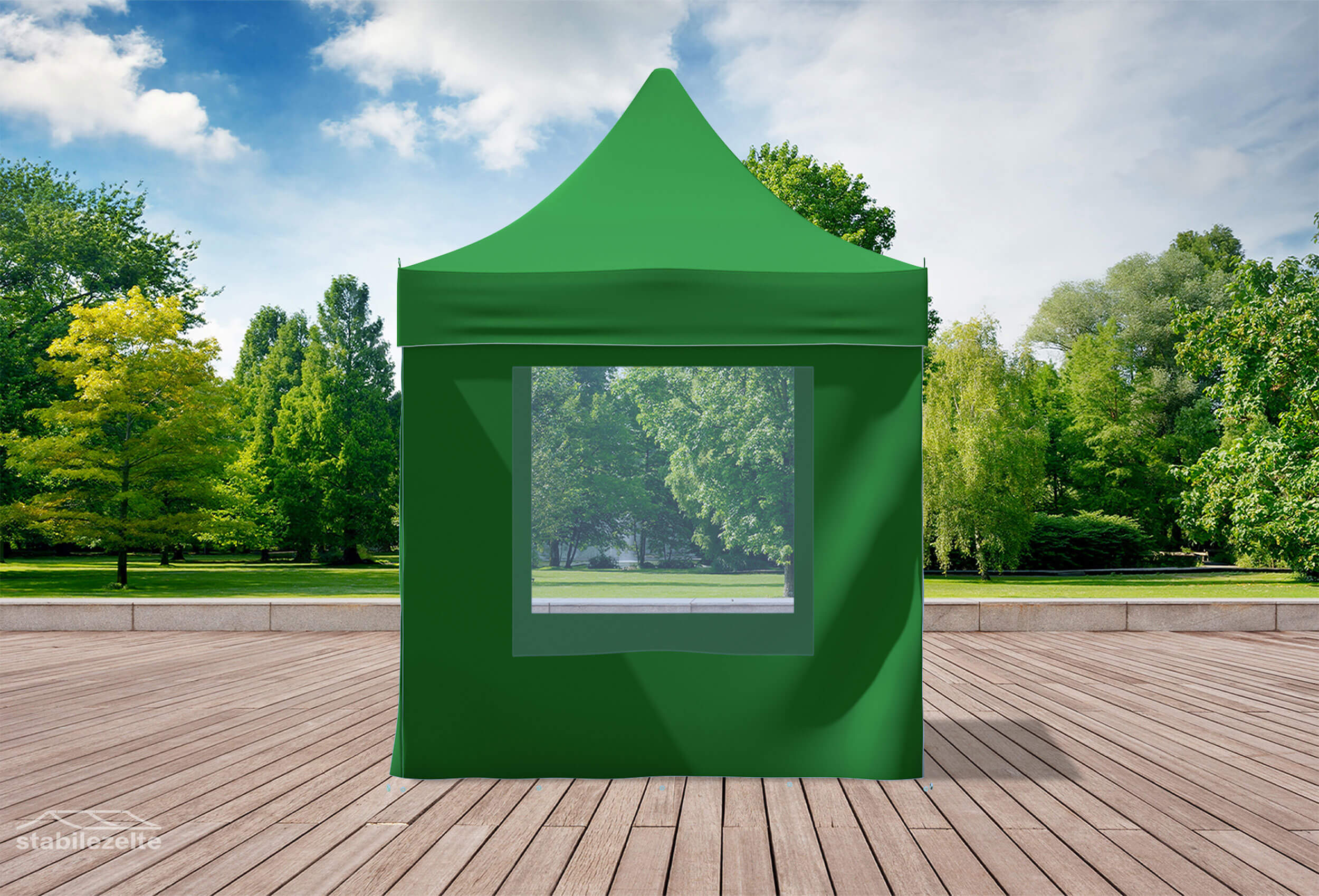 Grüner Faltpavillon mit Fenstern 2 x 2m in einem Park