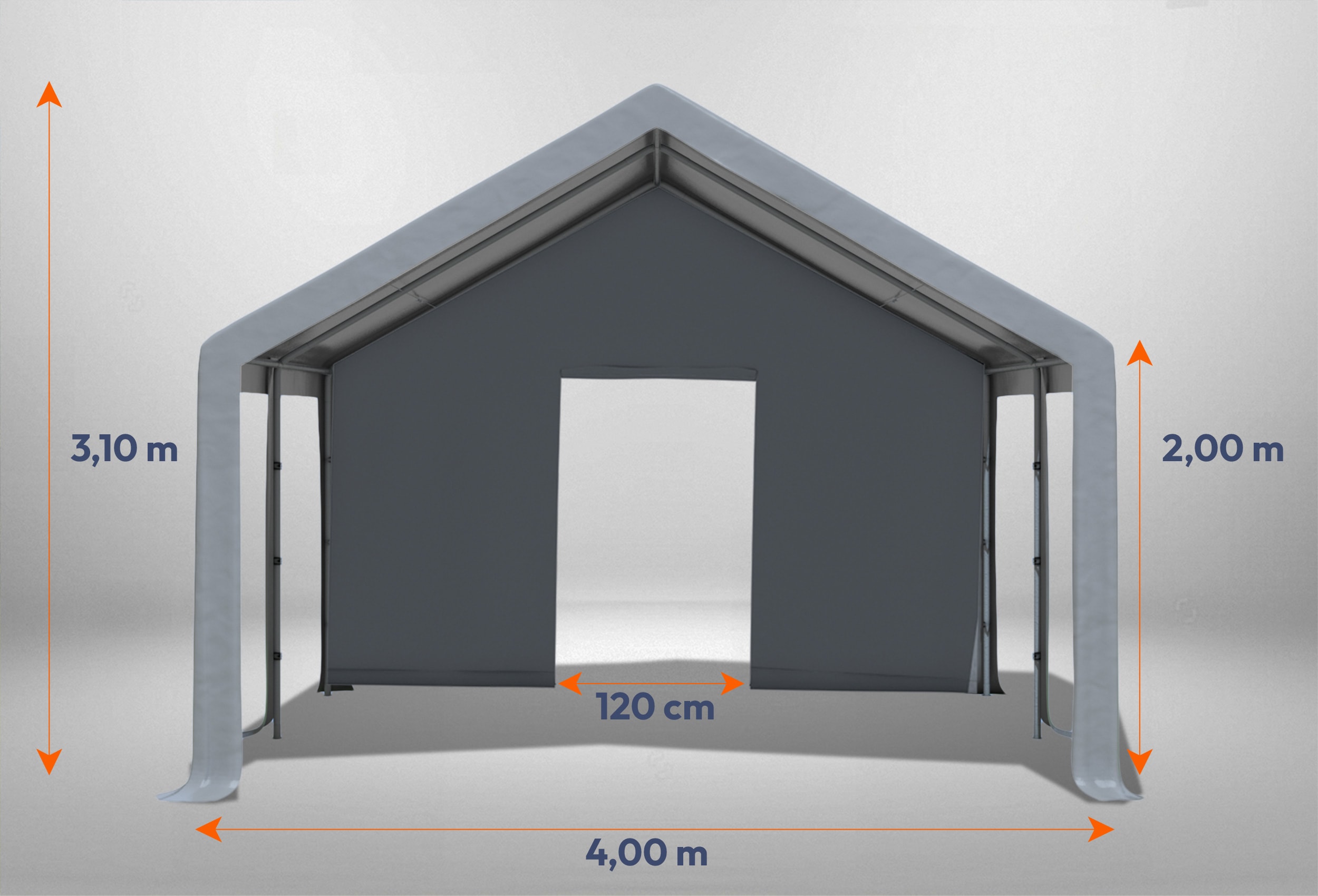 Graues Giebelteil mit kleiner Tür 4m für Partyzelte der Modular Serie mitsamt Bemaßung