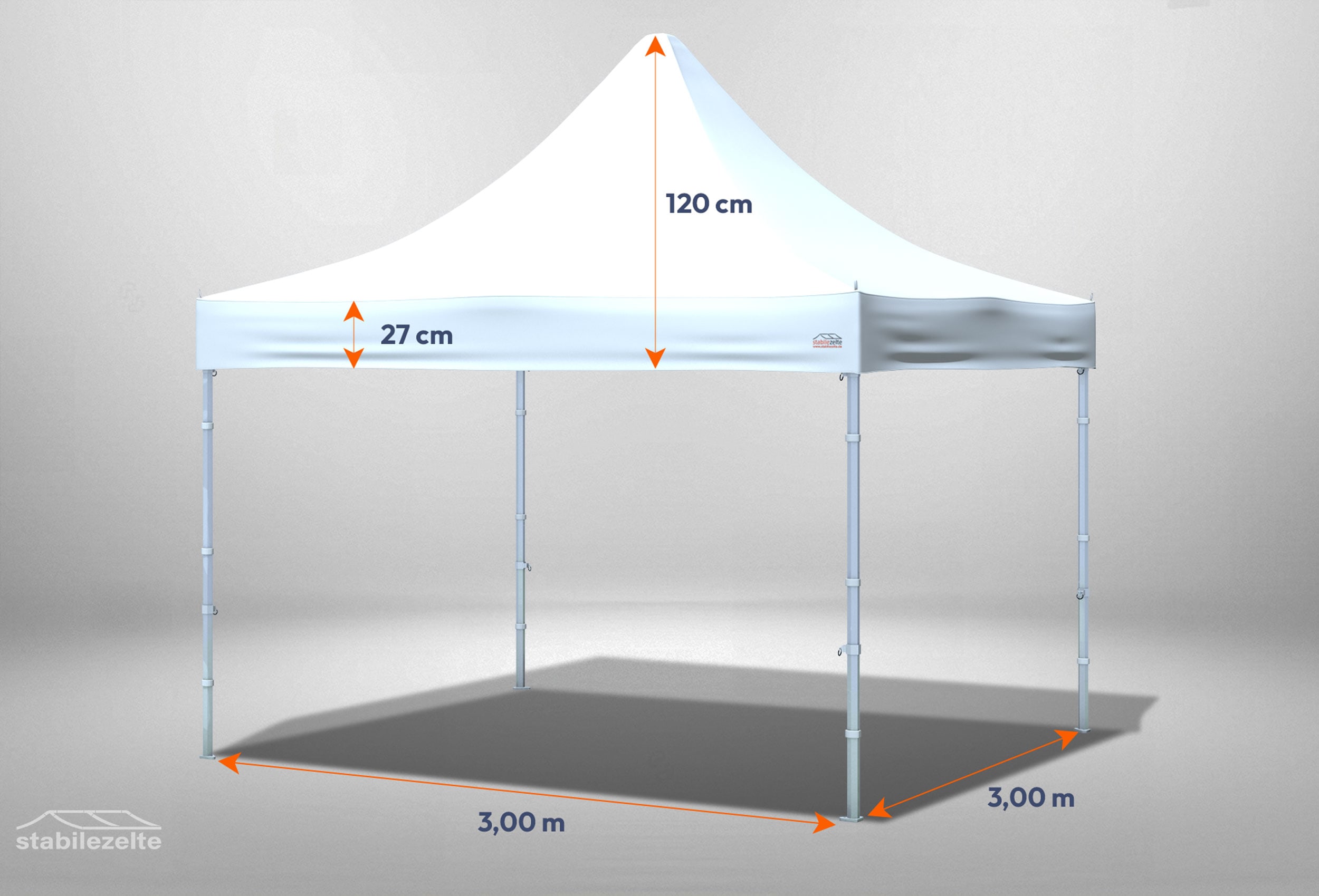 Weißer Faltpavillon ohne Seitenteile 3 x 3m mit Bemaßung