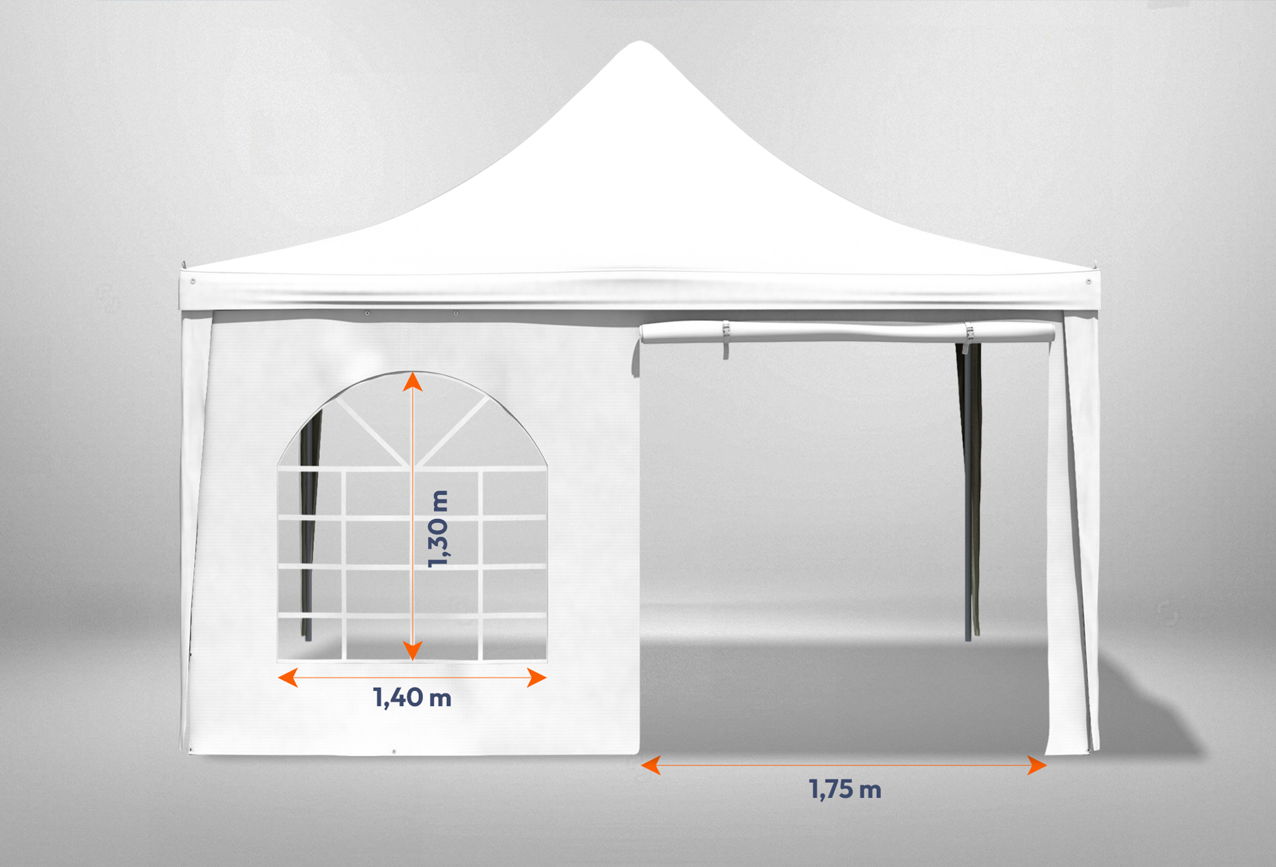 Quadratischer Gartenpavillon 4m x 4m mit Bemaßung von Tür und Fenster