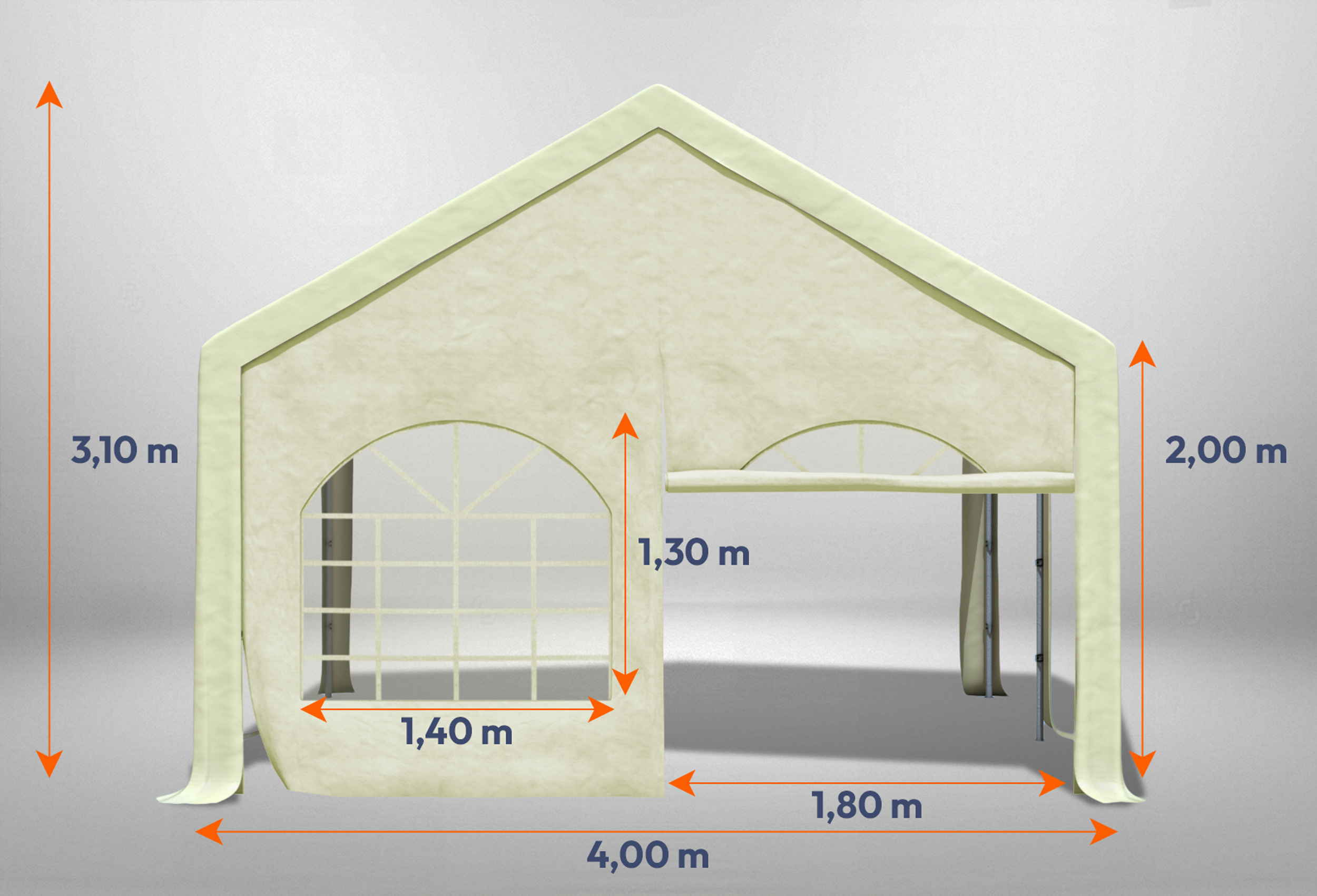 Beiges Giebelteil mit Fenster und Tür 4m für Partyzelte der Modular Serie mitsamt Bemaßung