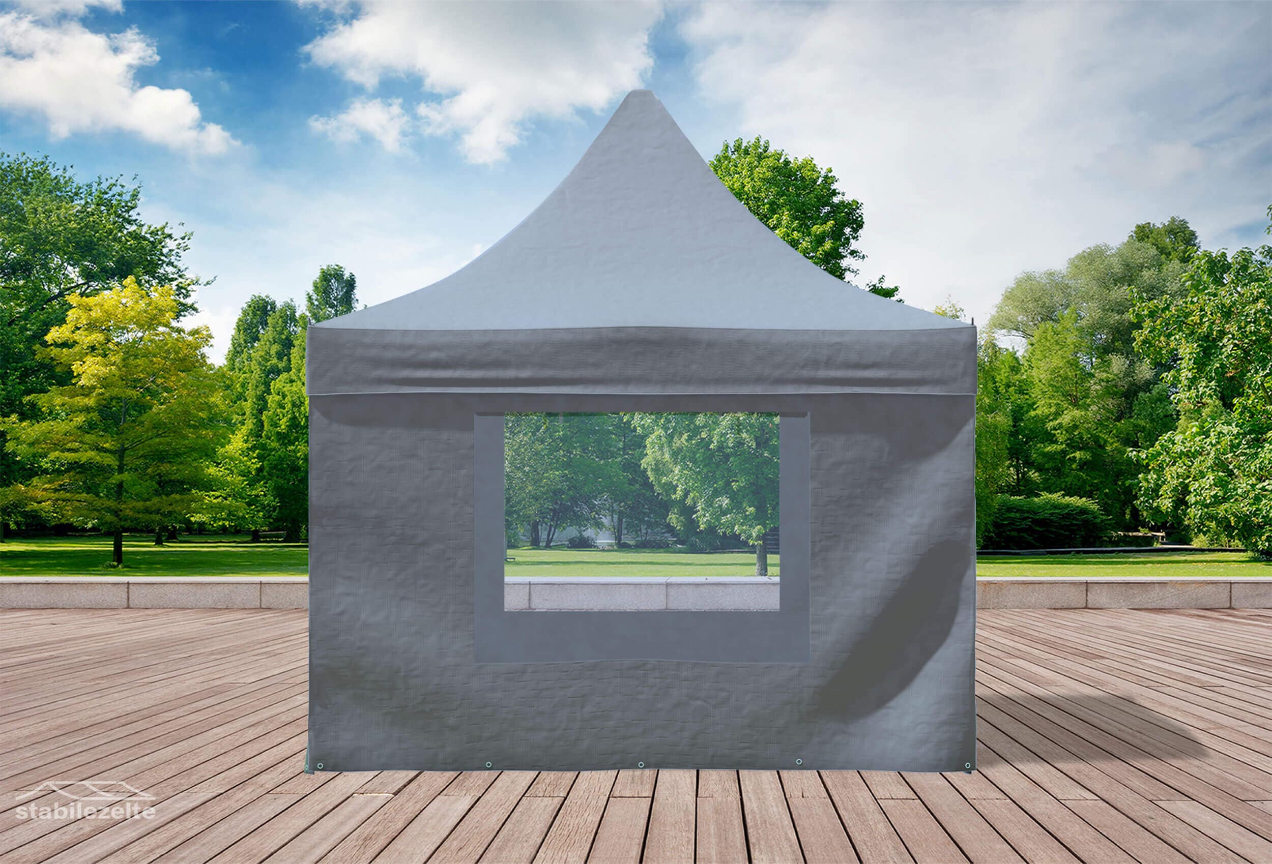 Grauer Faltpavillon mit Fenster 3 x 3m in einem Park