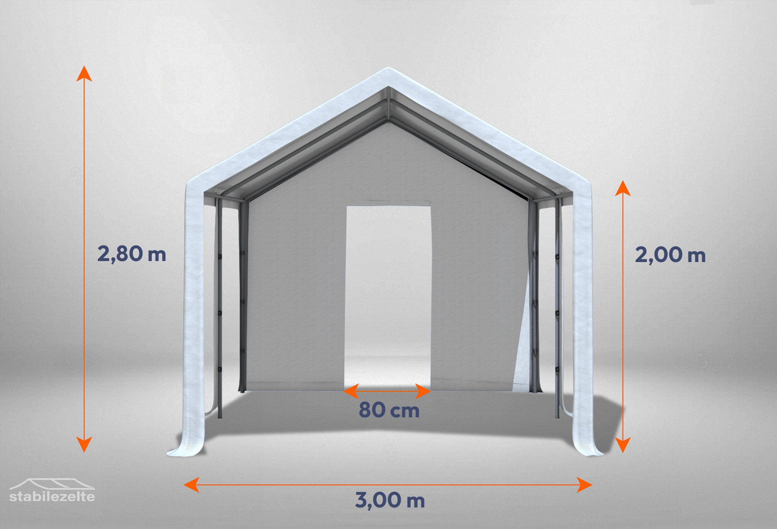 Weißes Giebelteil mit kleiner Tür 3m für Partyzelte der Modular Serie mitsamt Bemaßung