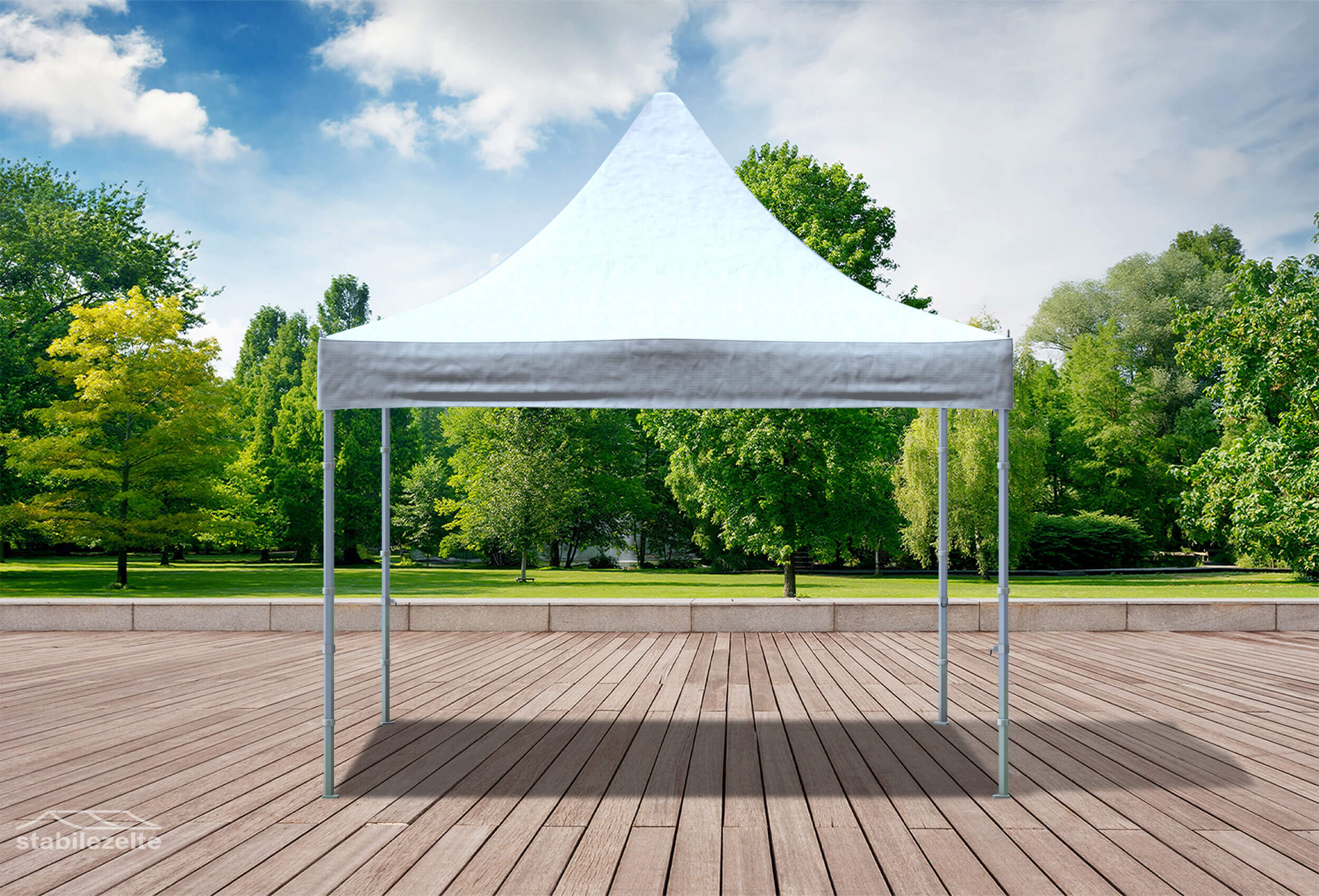 Weißer Faltpavillon ohne Seitenteile 3 x 3m in einem Park