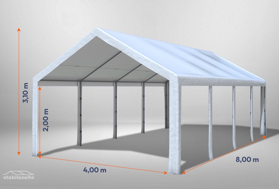 Weißes Partyzelt der Modular Serie ohne Seitenteile 4 x 8m