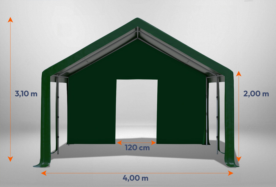 Grünes Giebelteil mit kleiner Tür 4m für Partyzelte der Modular Serie mitsamt Bemaßung