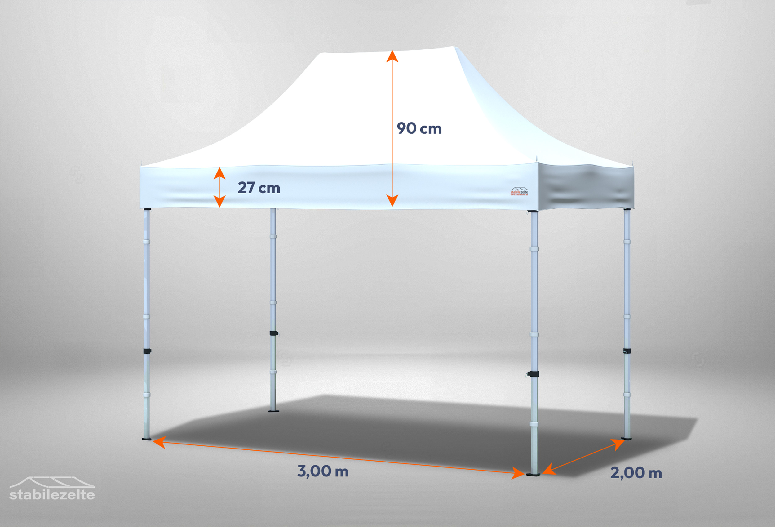 Weißer Faltpavillon ohne Seitenteile 3 x 2m mit Bemaßung