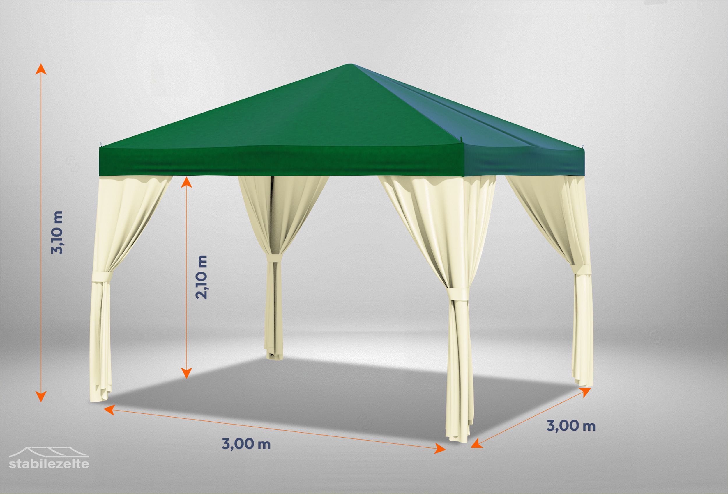 Grüner Gartenpavillon Sahara 3m x 3m mit Bemaßung