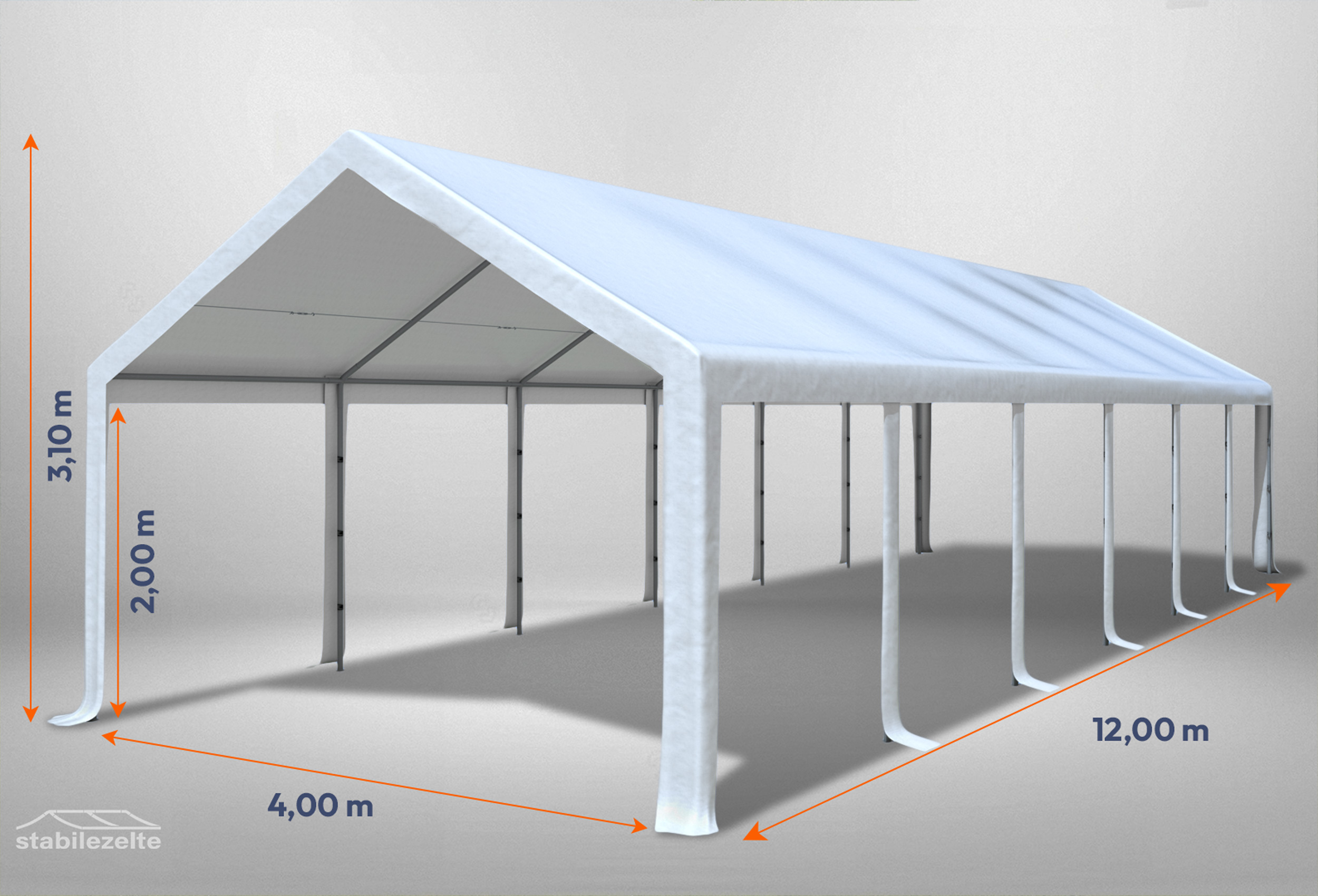 Weißes Partyzelt ohne Seitenteile der Modular Serie mitsamt Bemaßung 4 x 12m