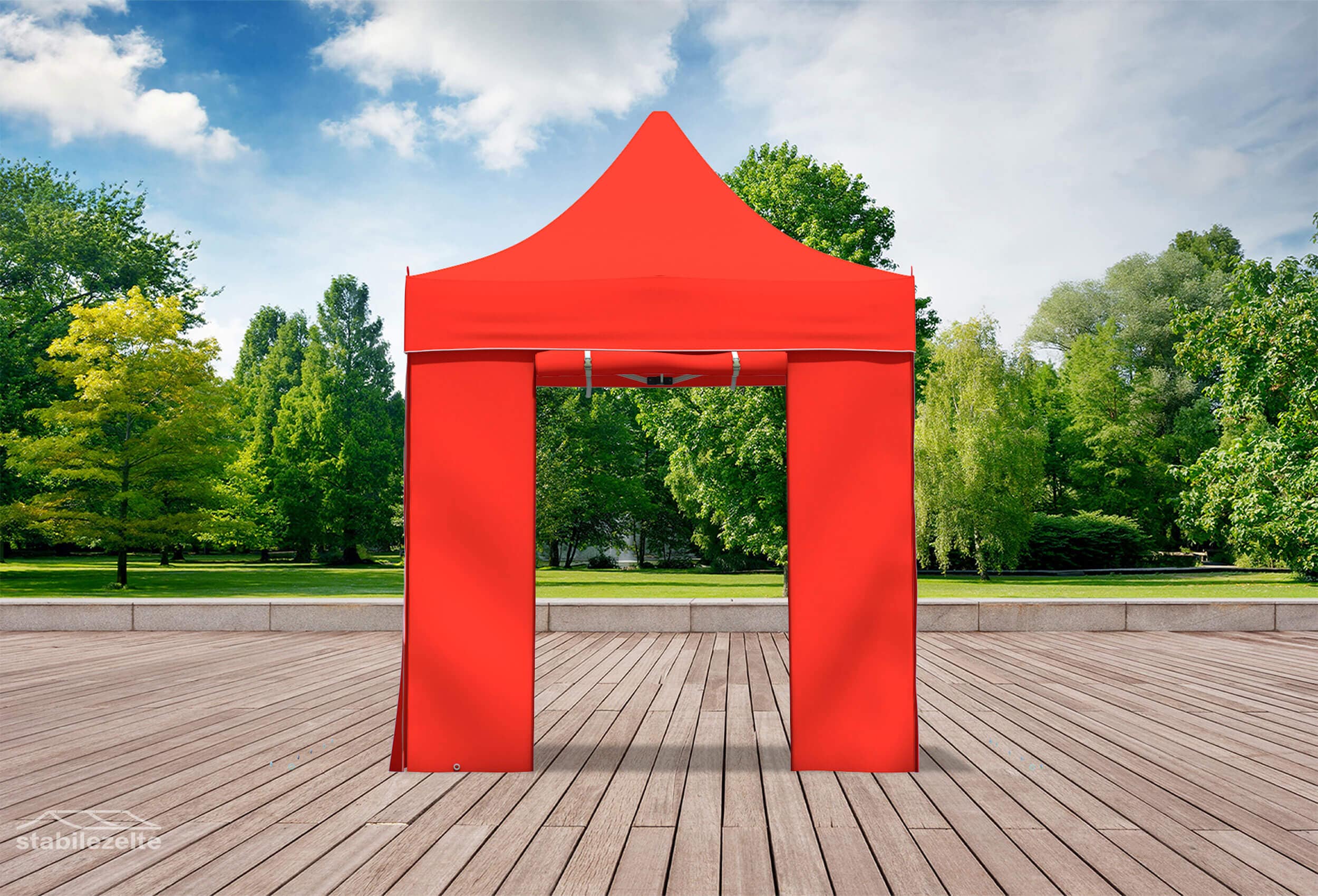 Roter Faltpavillon mit geöffneten Türen 2 x 2m in einem Park