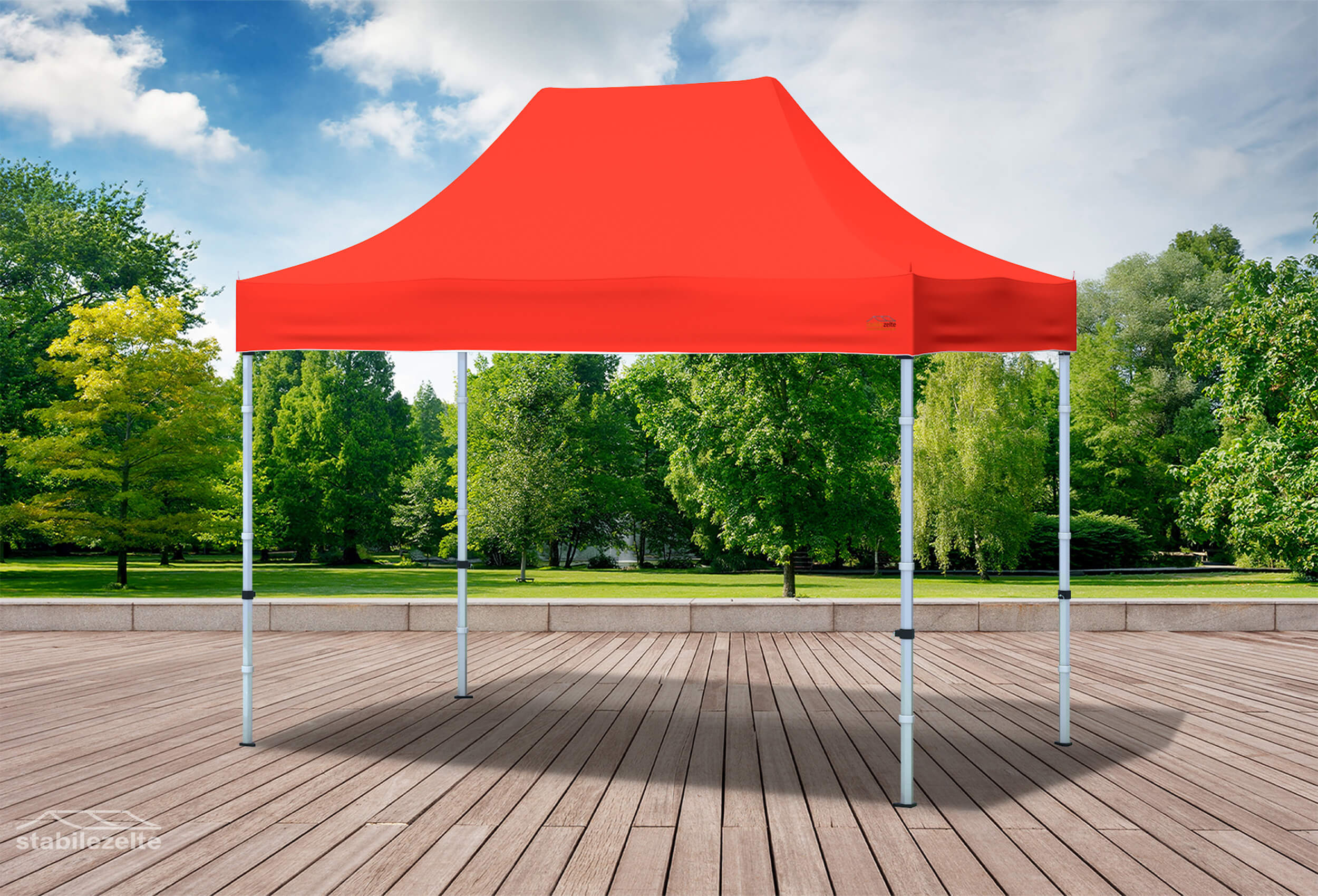Roter Faltpavillon ohne Seitenteile 3 x 2m in einem Park